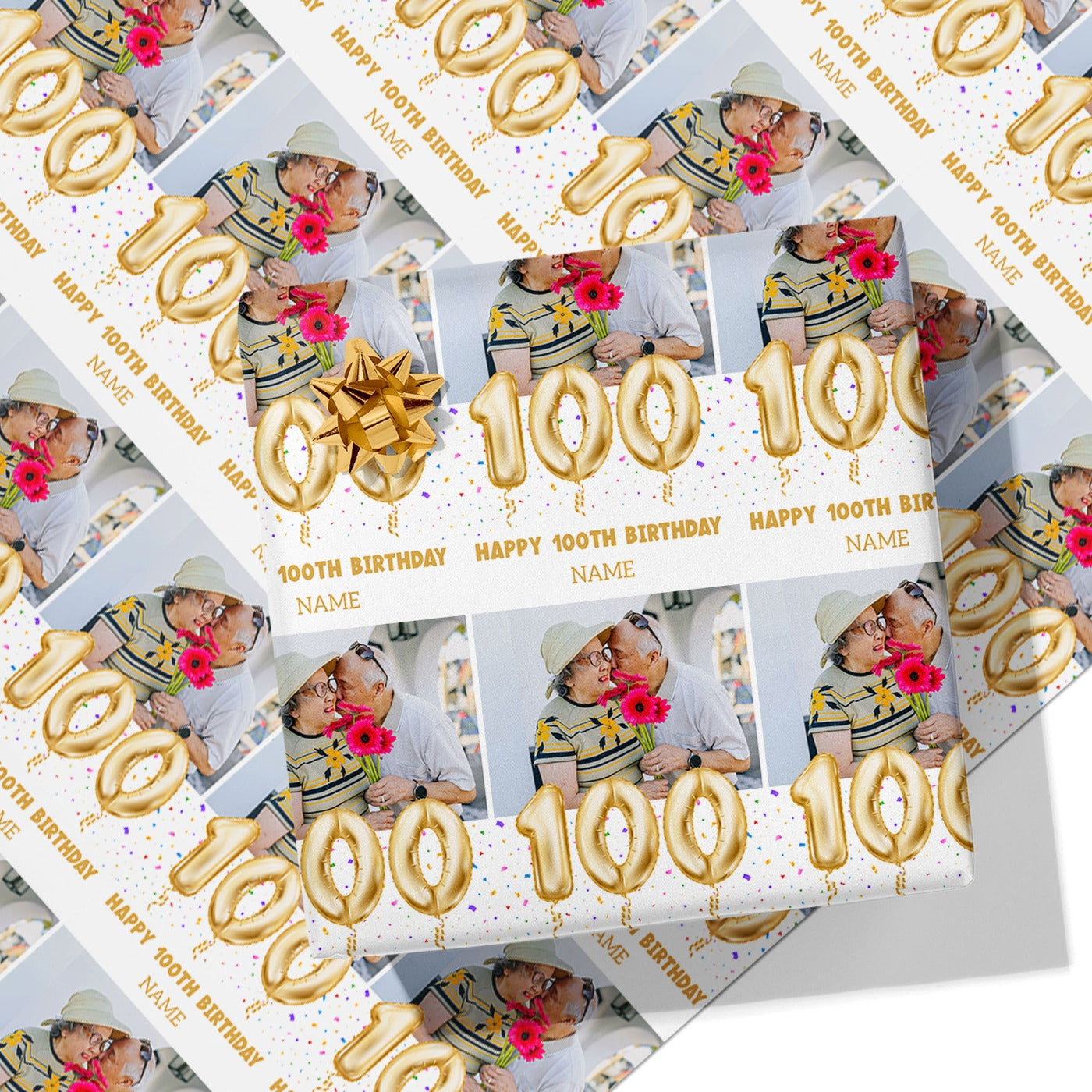 100th Milestone Birthday Balloon Photo and Name Wrapping Paper