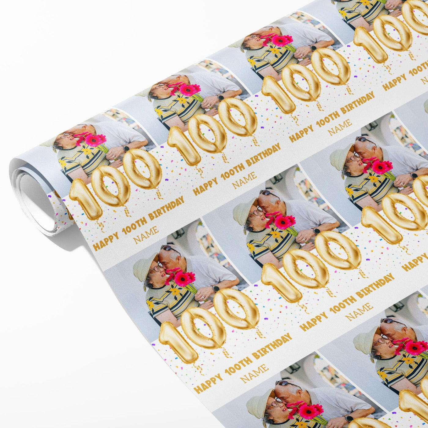 100th Milestone Birthday Balloon Photo and Name Wrapping Paper