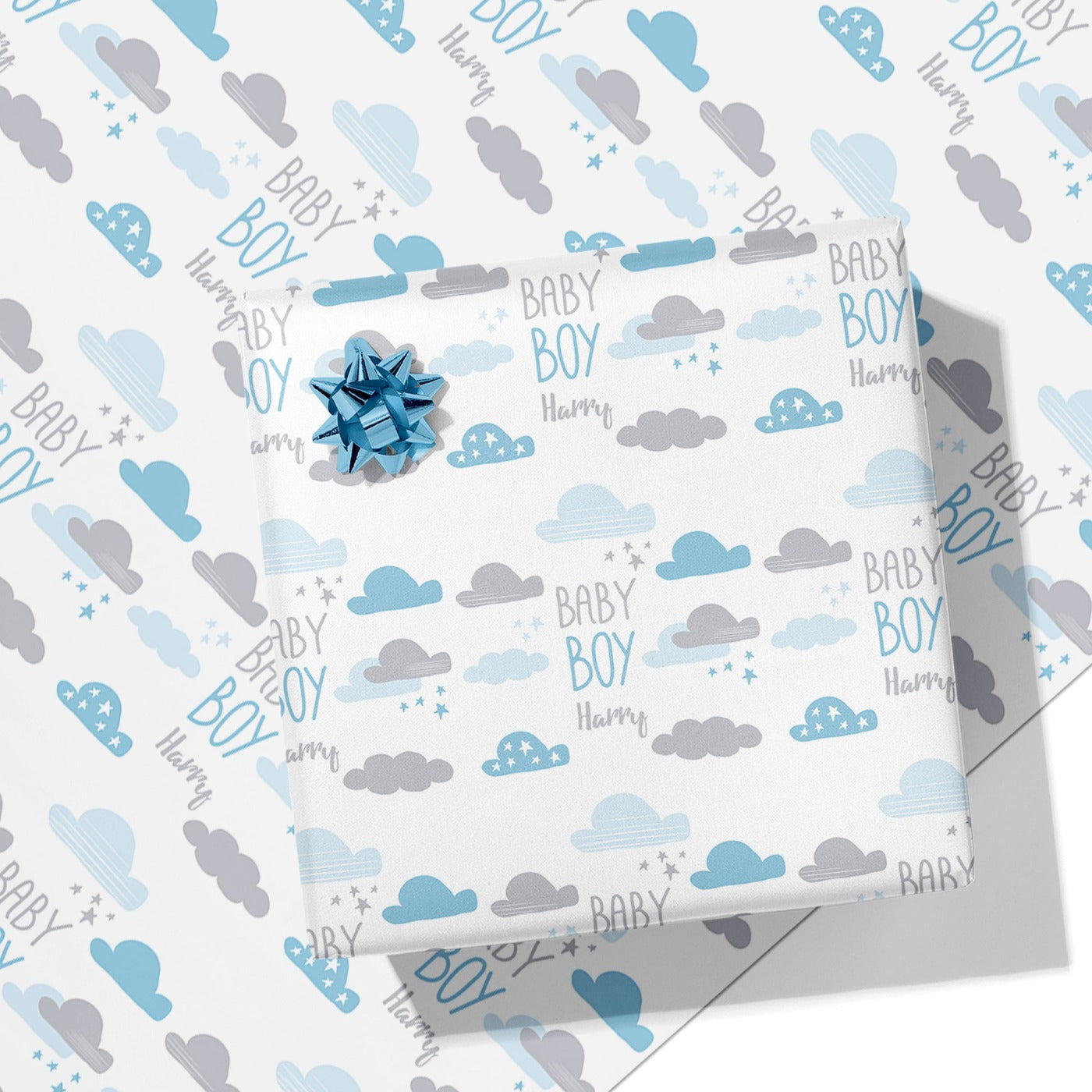 Clouds and Stars Baby Boy Name Wrapping Paper