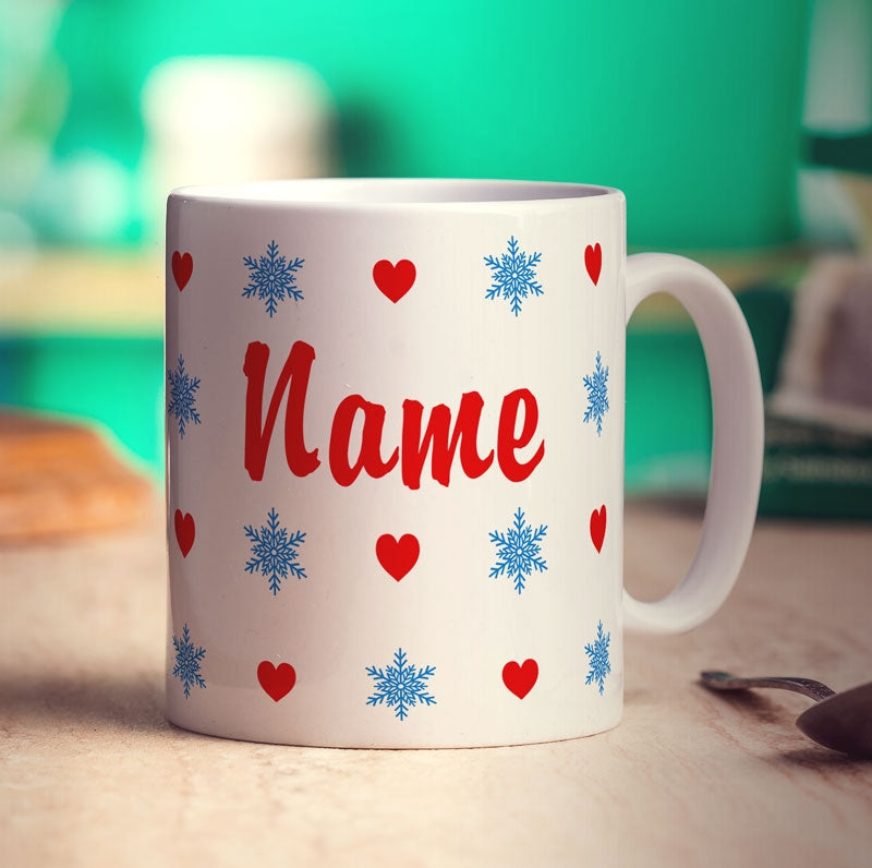 Hearts and Snowflakes Name Mug