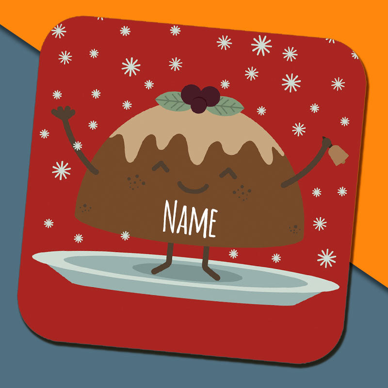 Red Christmas Pudding Name Coaster