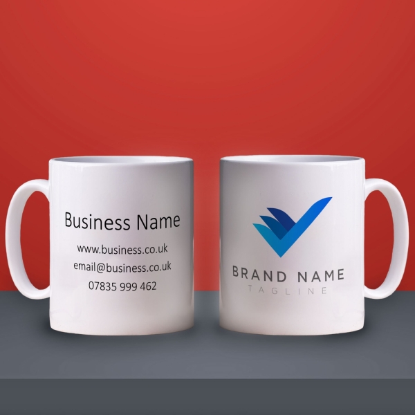 promotional mug with logo and simple text