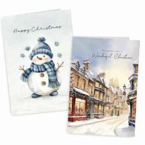 Happy Christmas Watercolour Snowman Card & Christmas Village Card