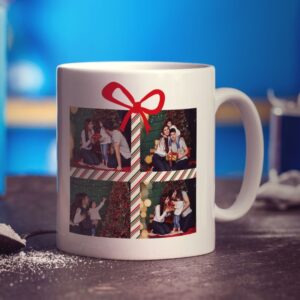 4 Photo Grid Christmas Present with Name Mug