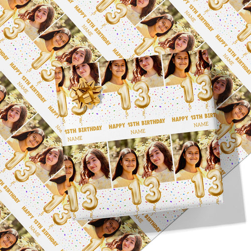 13th Milestone Birthday Balloon Photo and Name Wrapping Paper