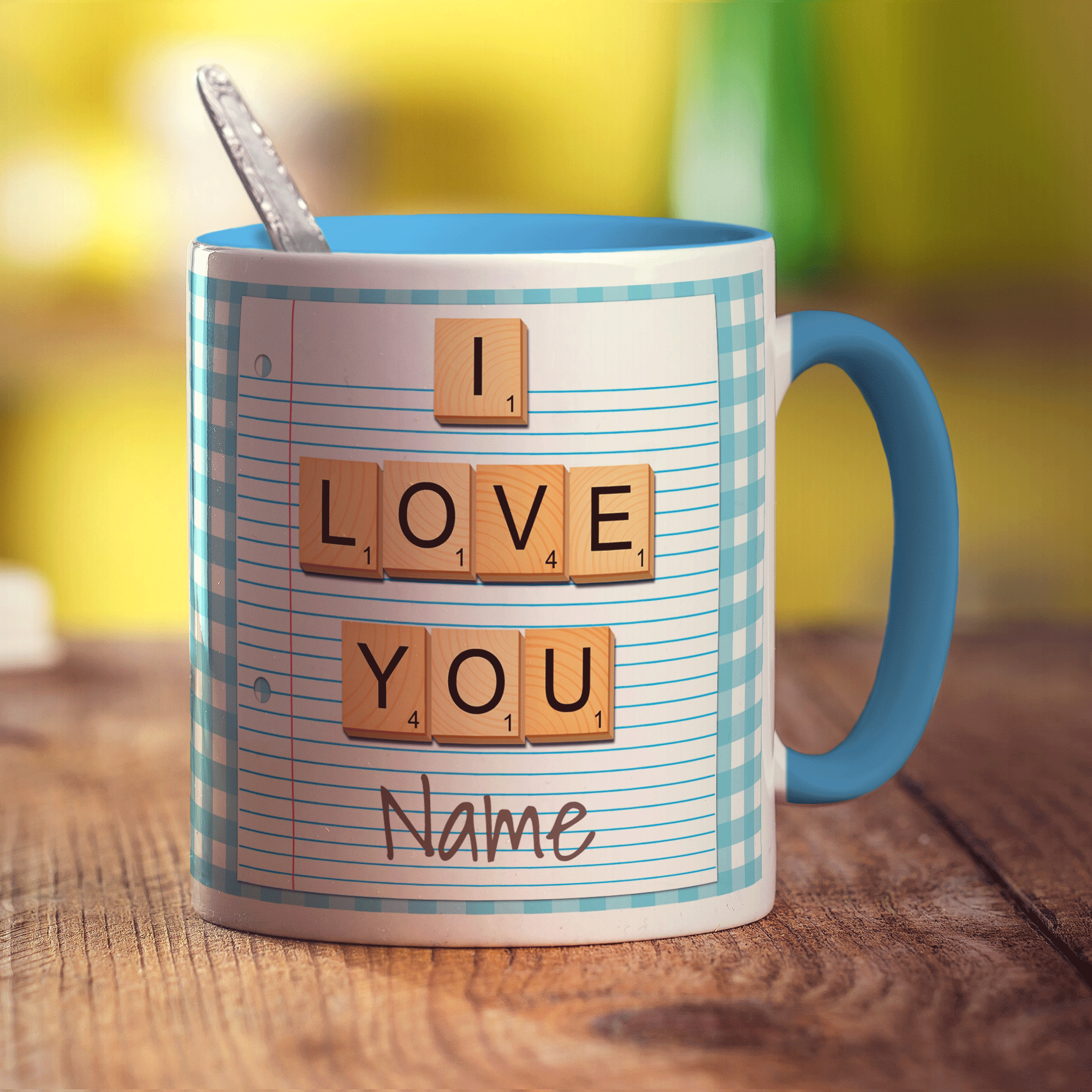 I love you - Wooden Letters Personalised Mug - Standard 330ml (11oz) / Blue