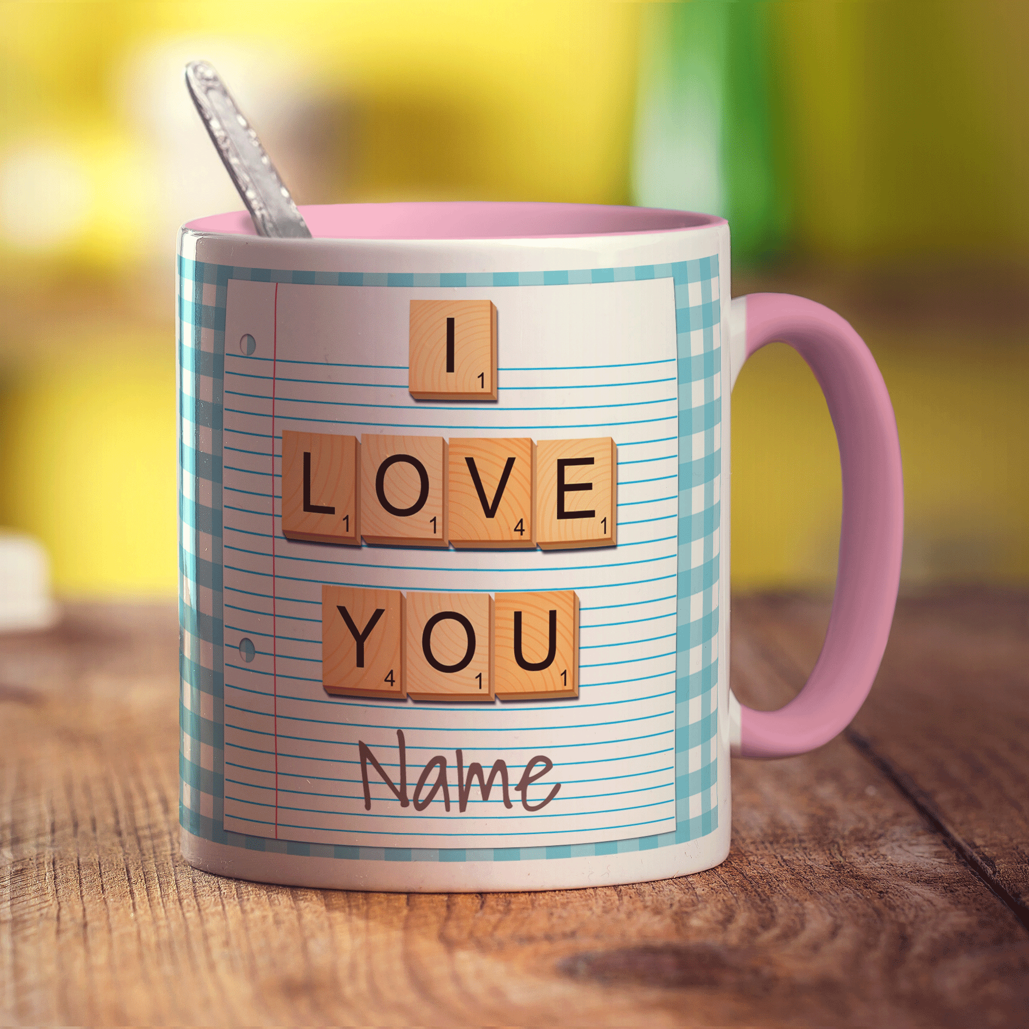 I love you - Wooden Letters Personalised Mug - Standard 330ml (11oz) / Pink