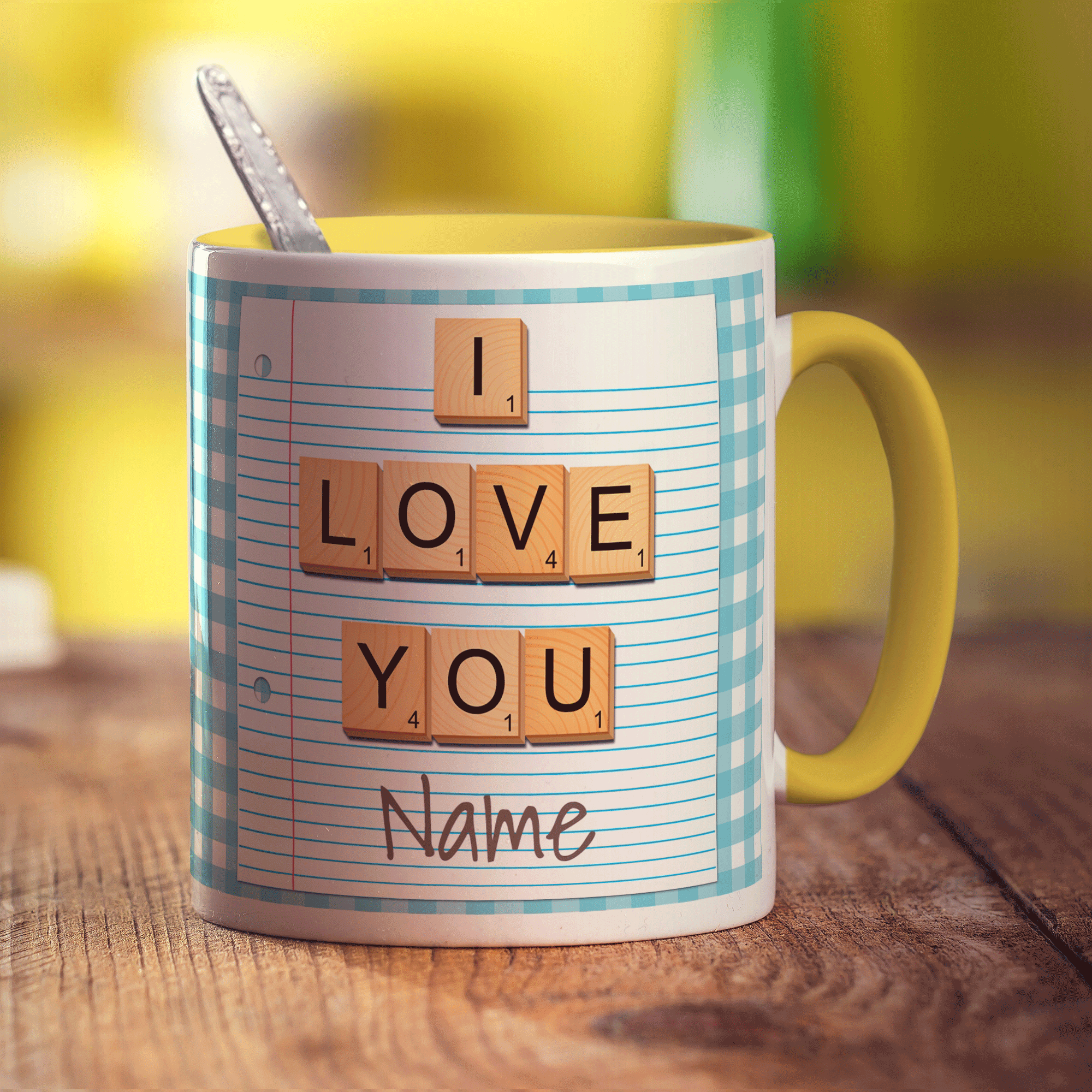I love you - Wooden Letters Personalised Mug - Standard 330ml (11oz) / Yellow