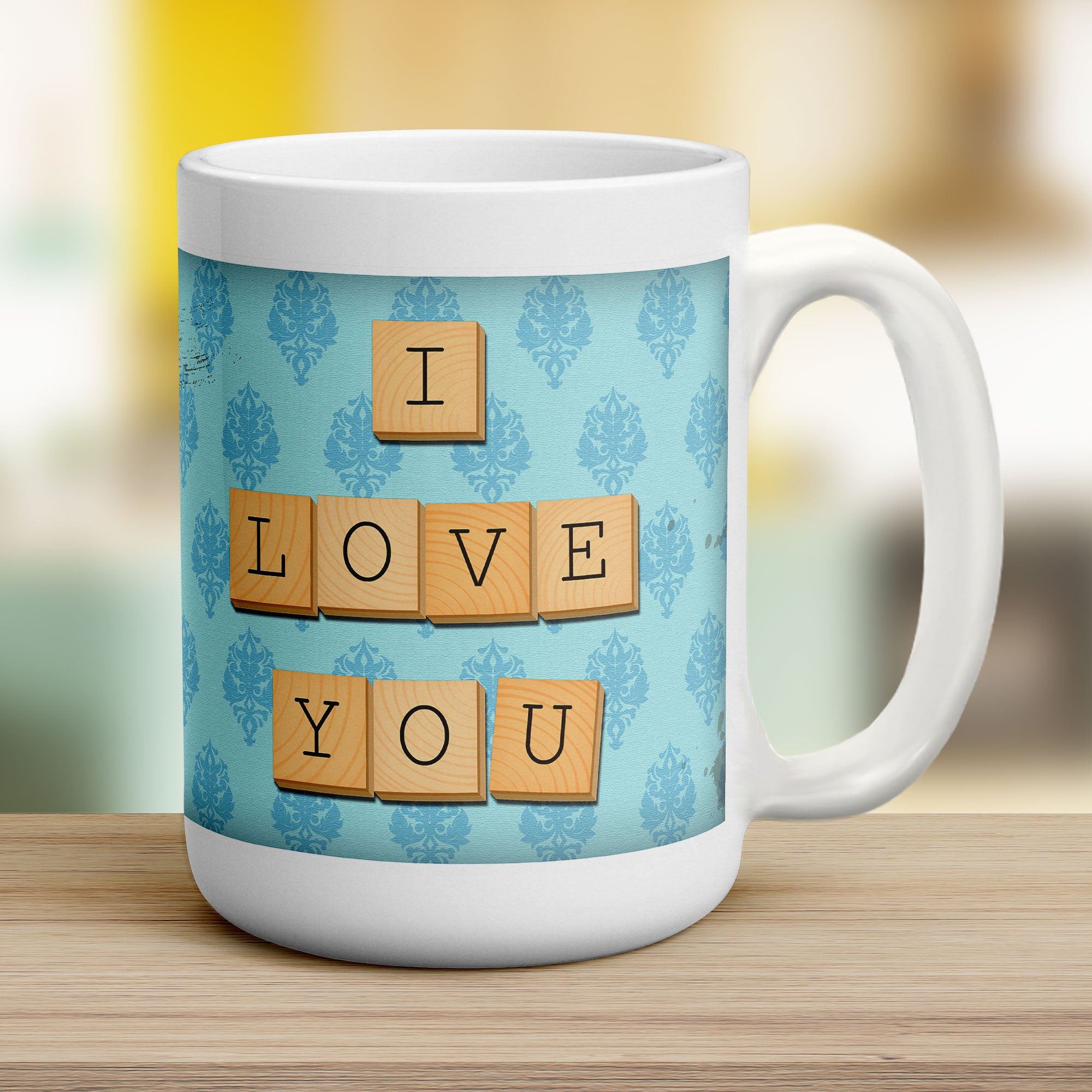 I Love You - Blue Illustrated Wooden Letters Mug - Jumbo 440ml (15oz) / White