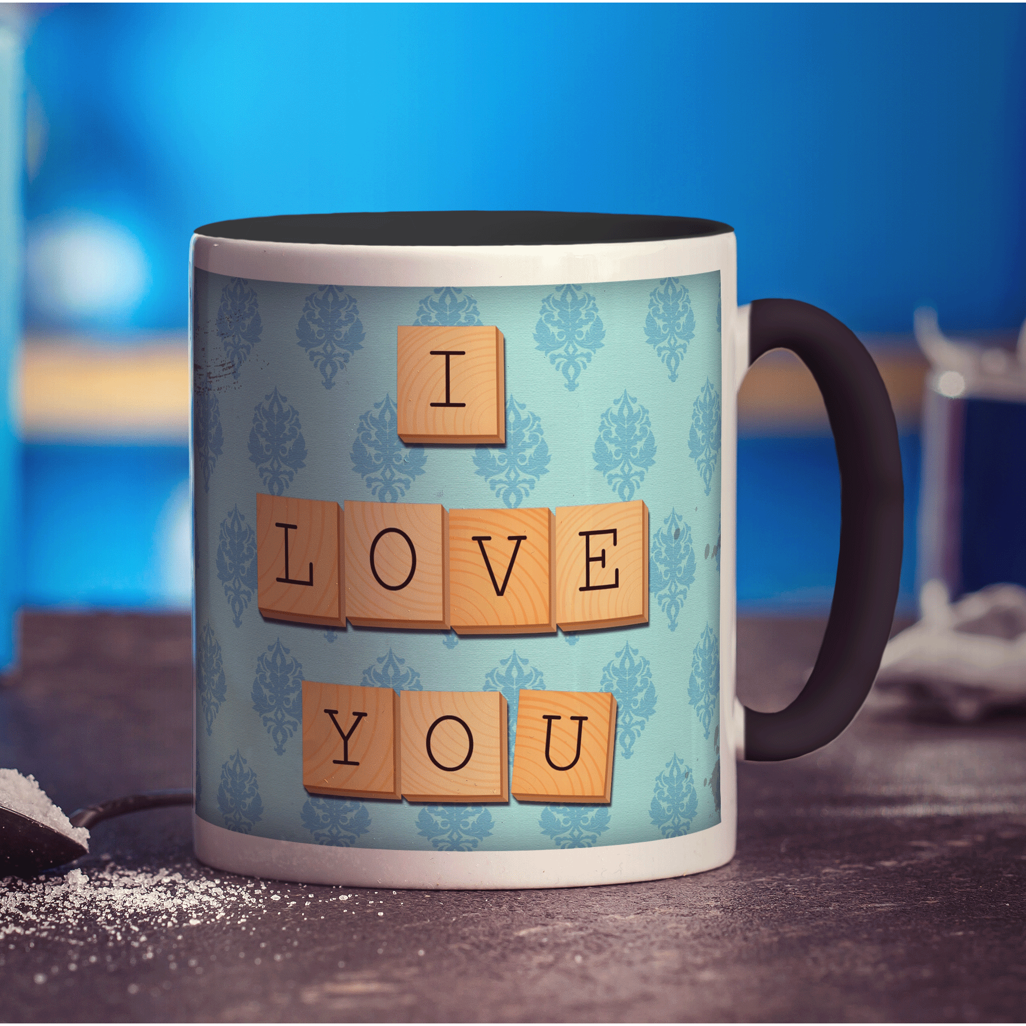 I Love You - Blue Illustrated Wooden Letters Mug - Standard 330ml (11oz) / Black