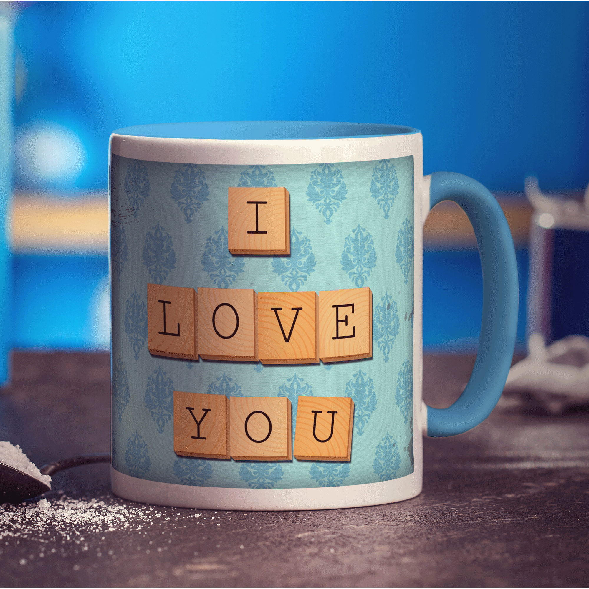I Love You - Blue Illustrated Wooden Letters Mug - Standard 330ml (11oz) / Blue
