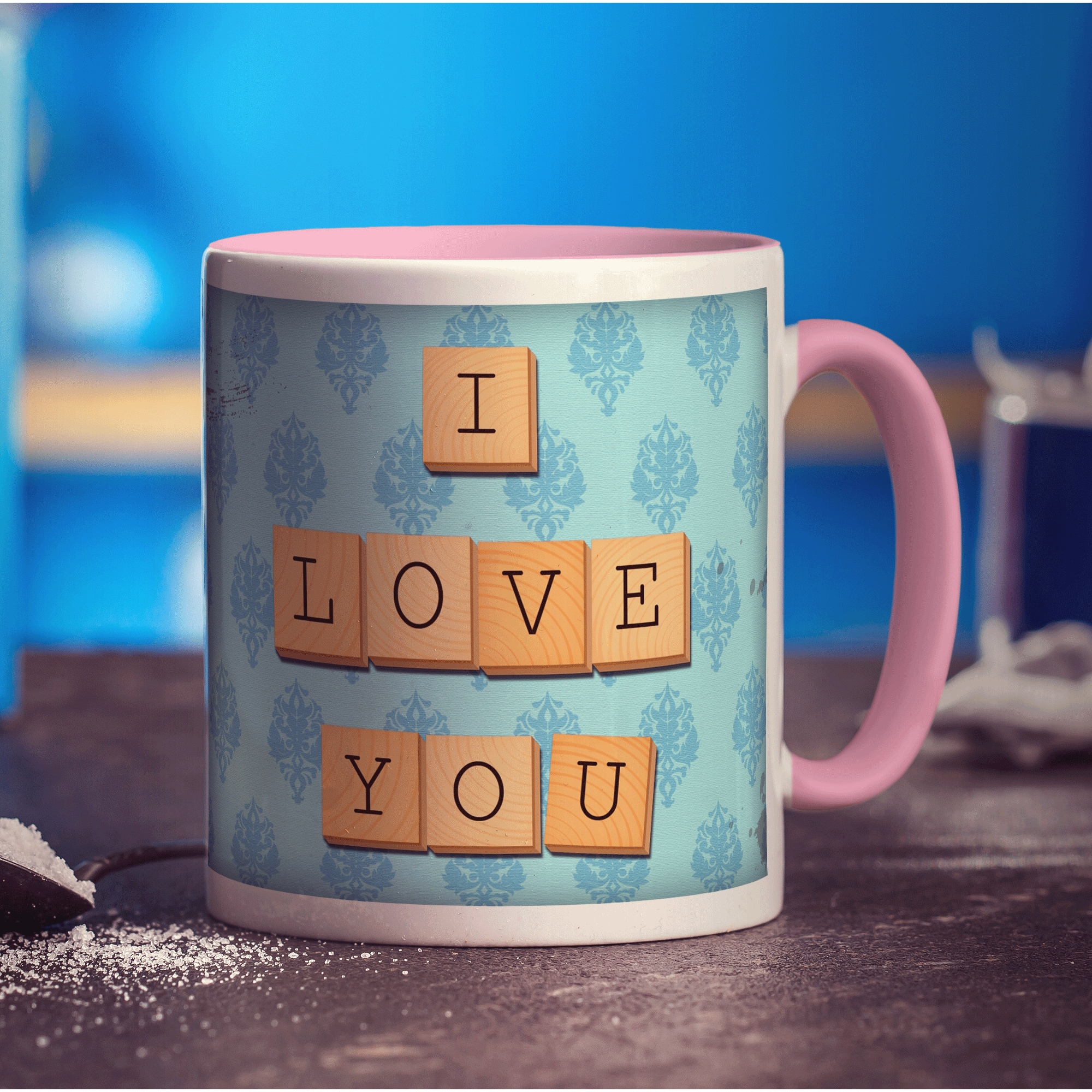 I Love You - Blue Illustrated Wooden Letters Mug - Standard 330ml (11oz) / Pink