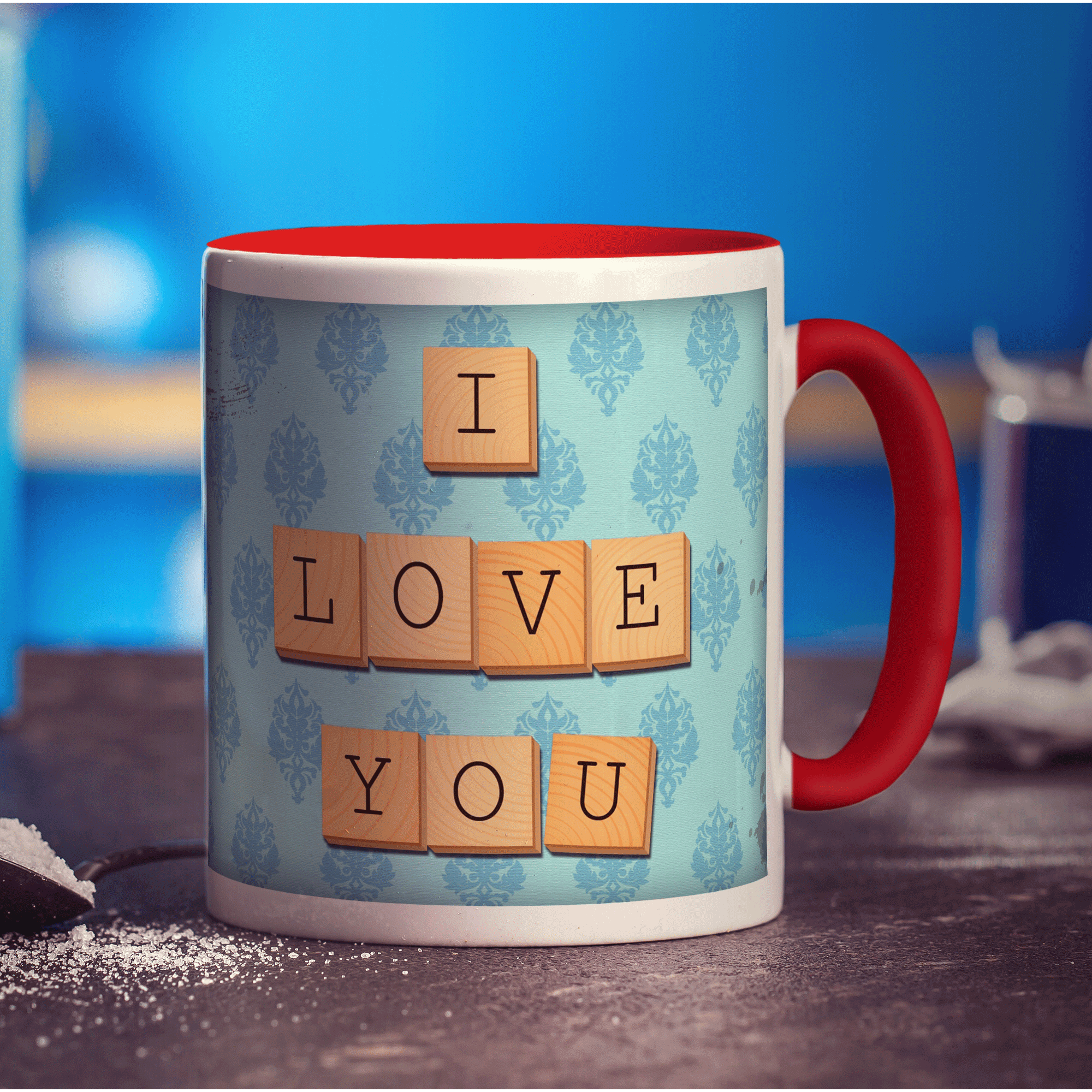 I Love You - Blue Illustrated Wooden Letters Mug - Standard 330ml (11oz) / Red