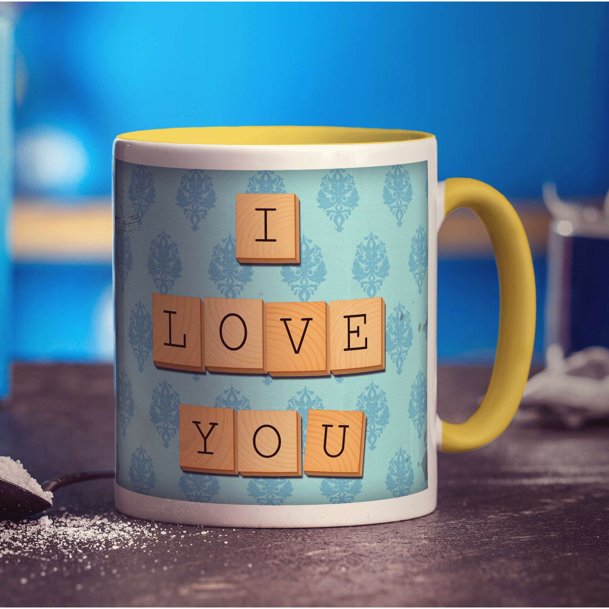 I Love You - Blue Illustrated Wooden Letters Mug - Standard 330ml (11oz) / Yellow
