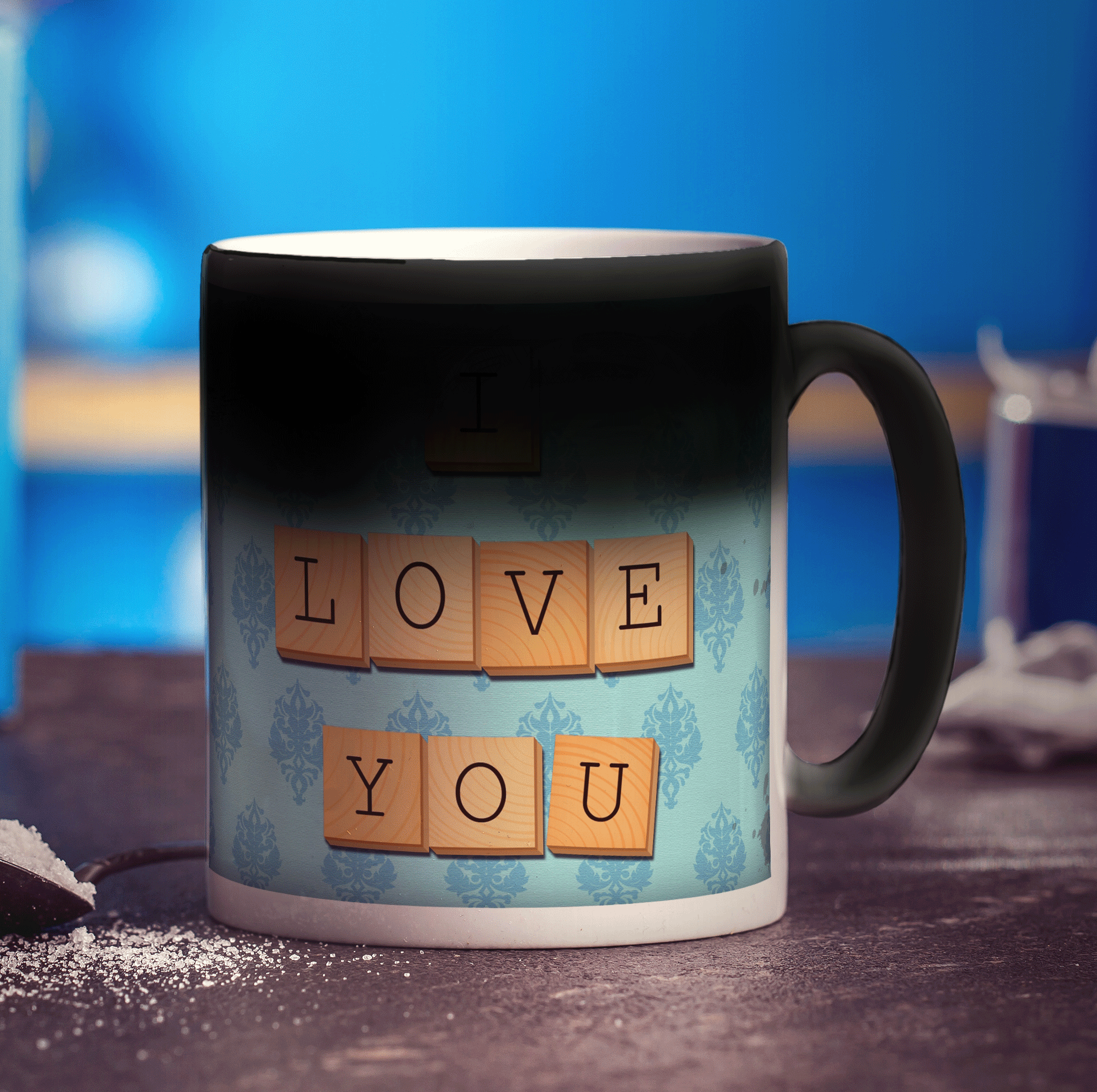 I Love You - Blue Illustrated Wooden Letters Mug - Standard 330ml (11oz) / Magic Mug