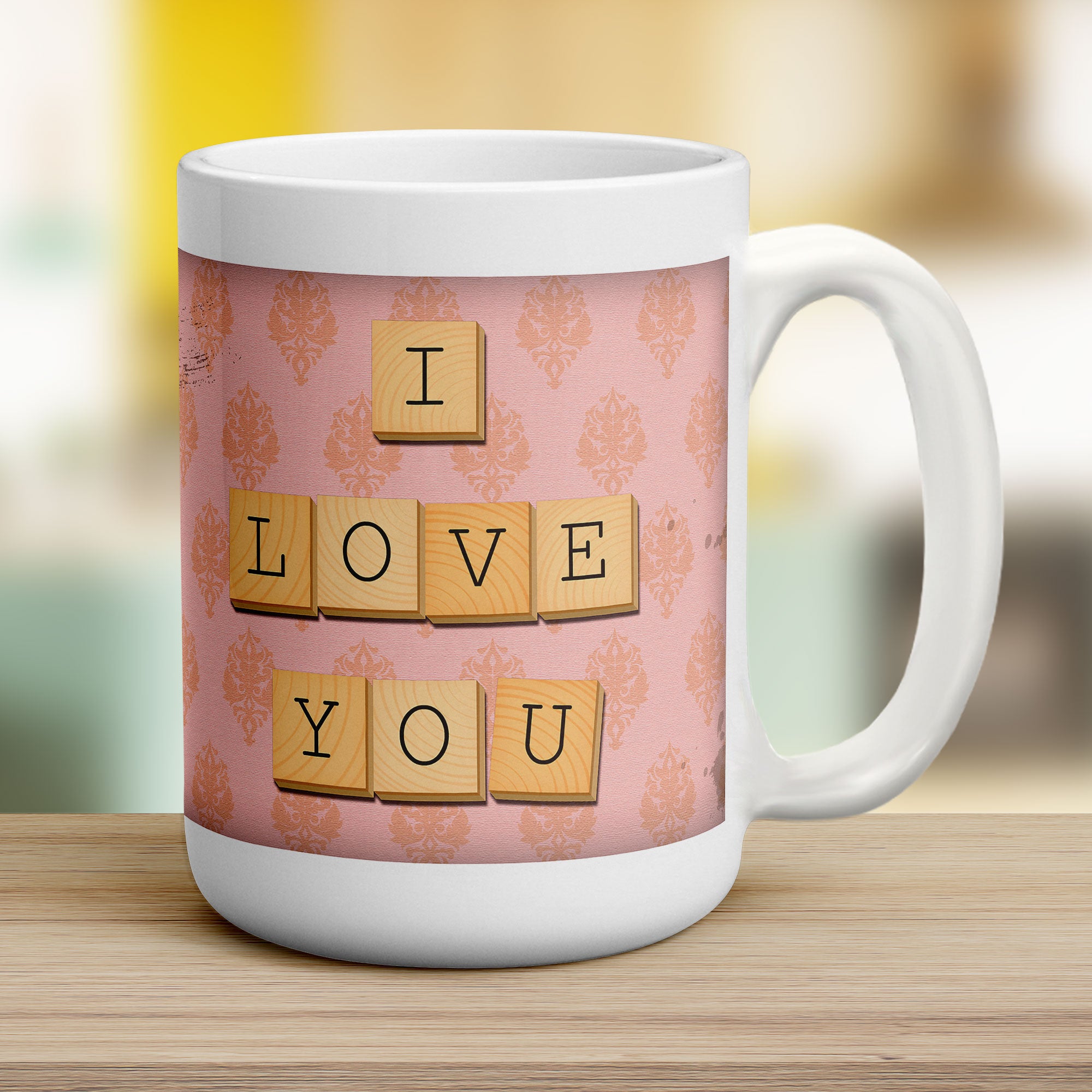 I Love You - Pink Illustrated Wooden Letters Mug - Jumbo 440ml (15oz) / White