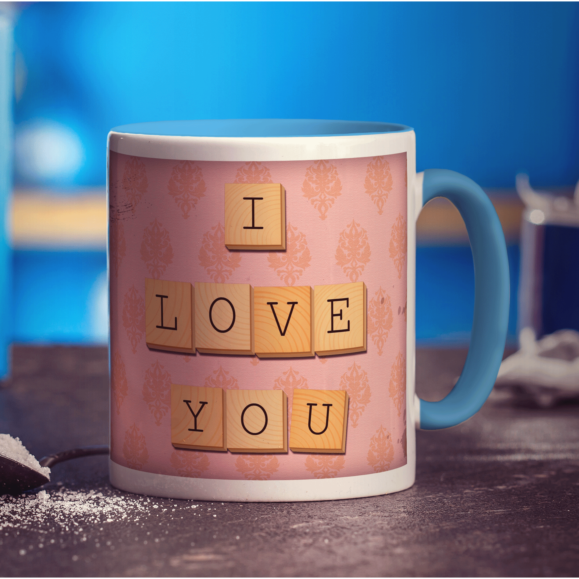 I Love You - Pink Illustrated Wooden Letters Mug - Standard 330ml (11oz) / Blue