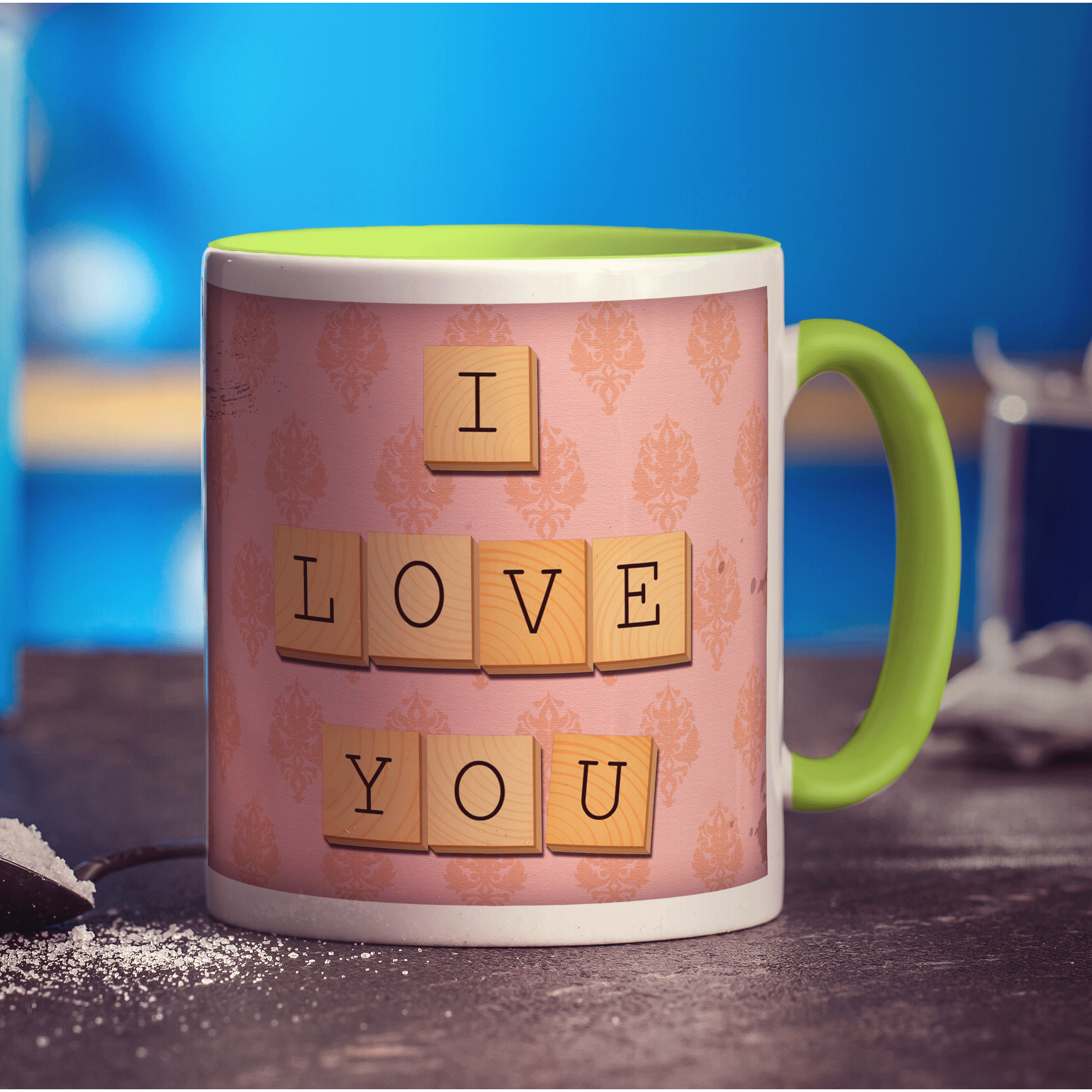 I Love You - Pink Illustrated Wooden Letters Mug - Standard 330ml (11oz) / Green