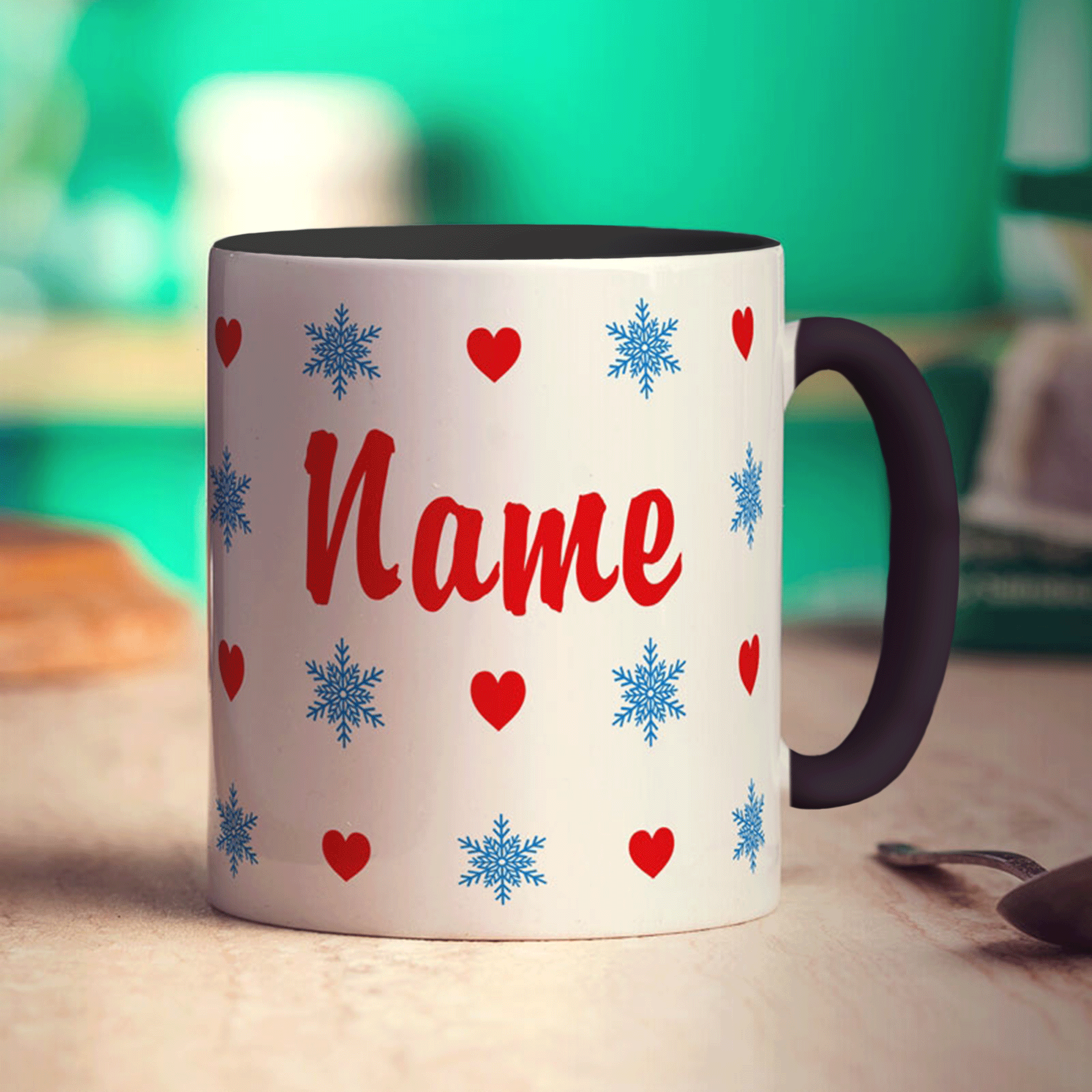 Hearts and Snowflakes Name Mug