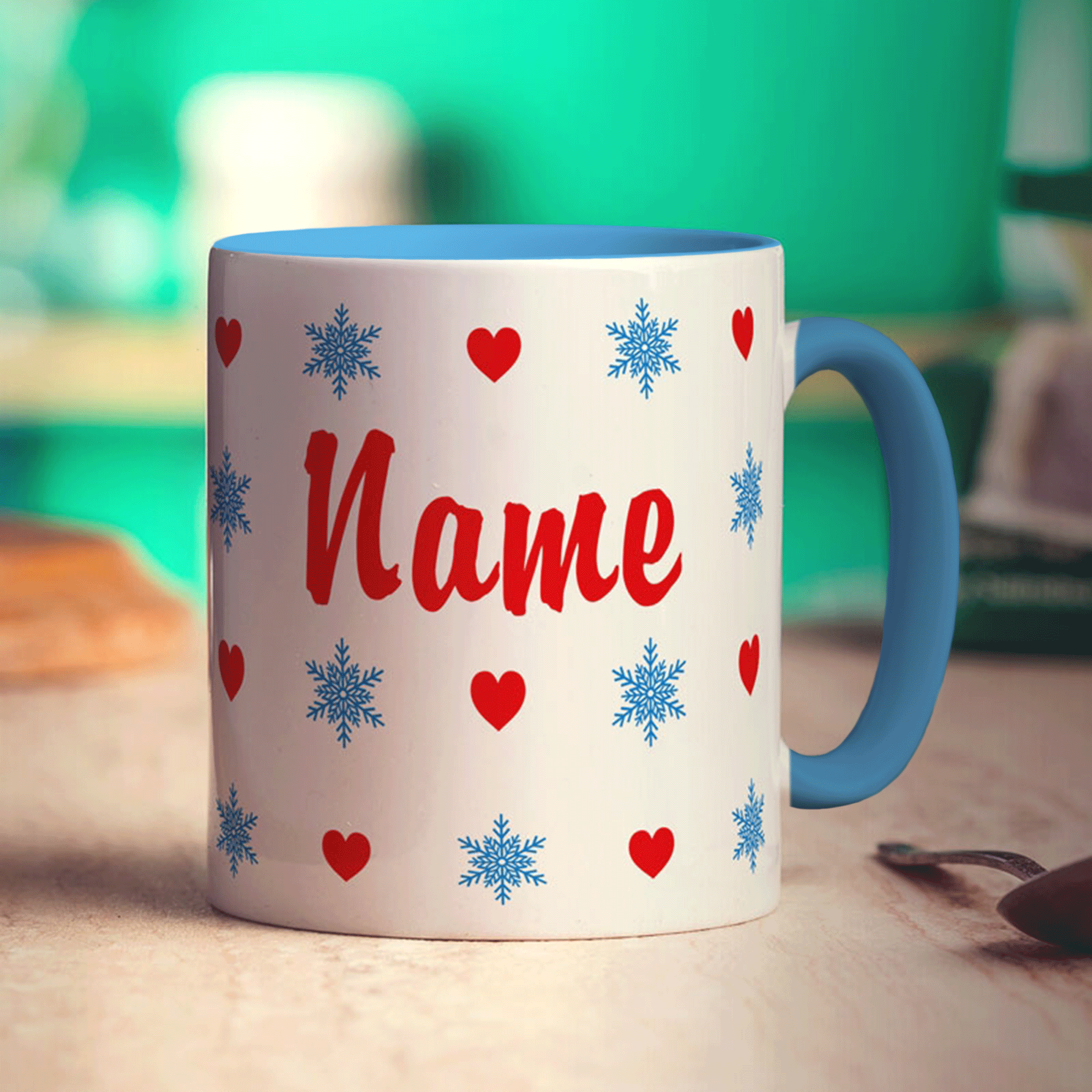 Hearts and Snowflakes Name Mug