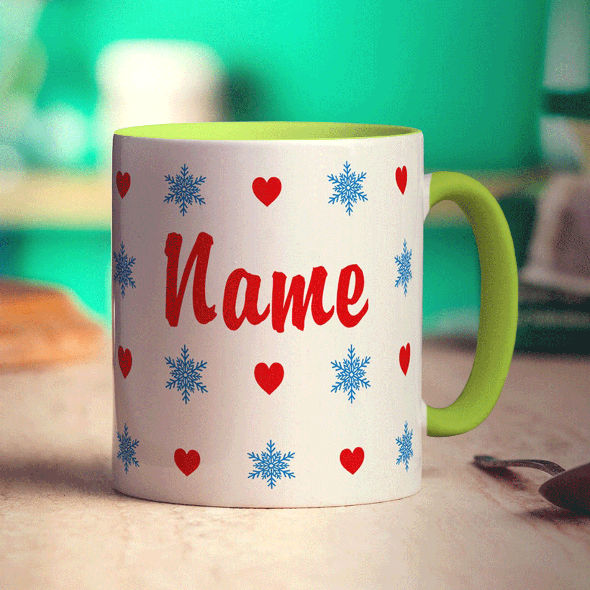 Hearts and Snowflakes Name Mug