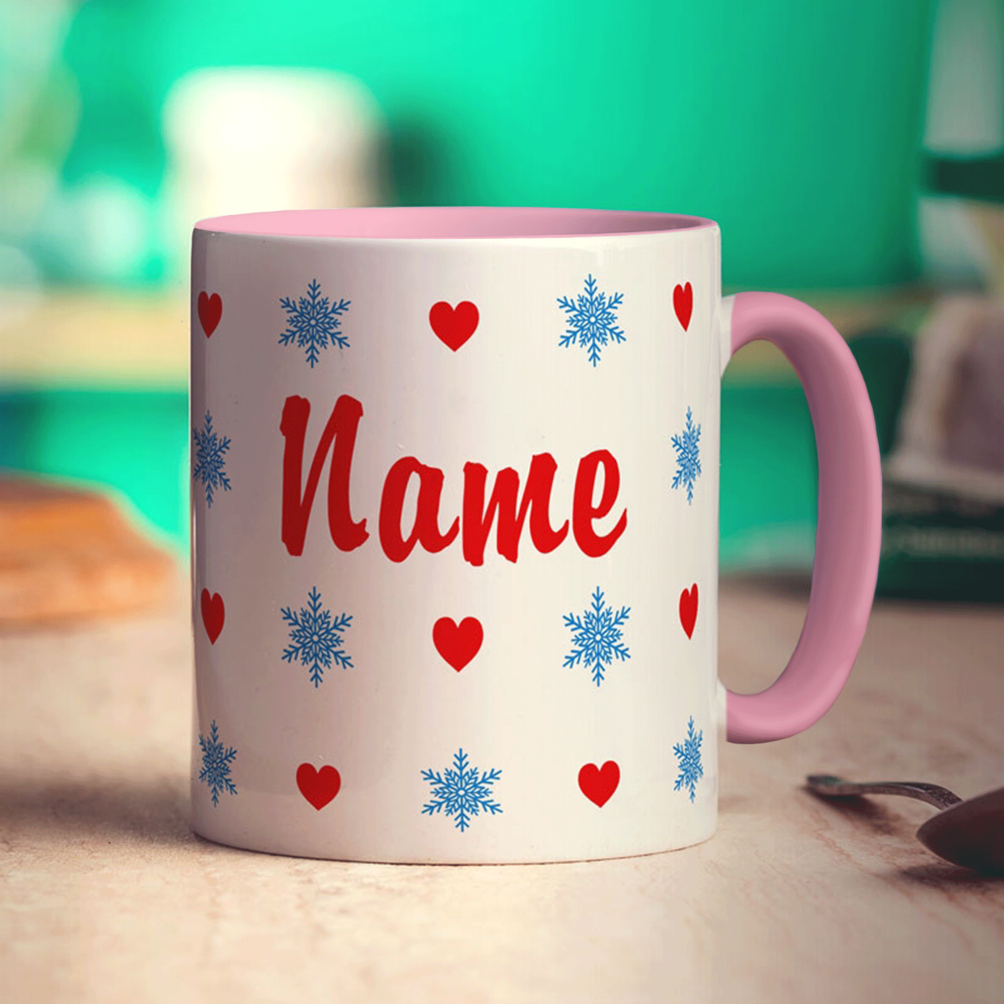 Hearts and Snowflakes Name Mug