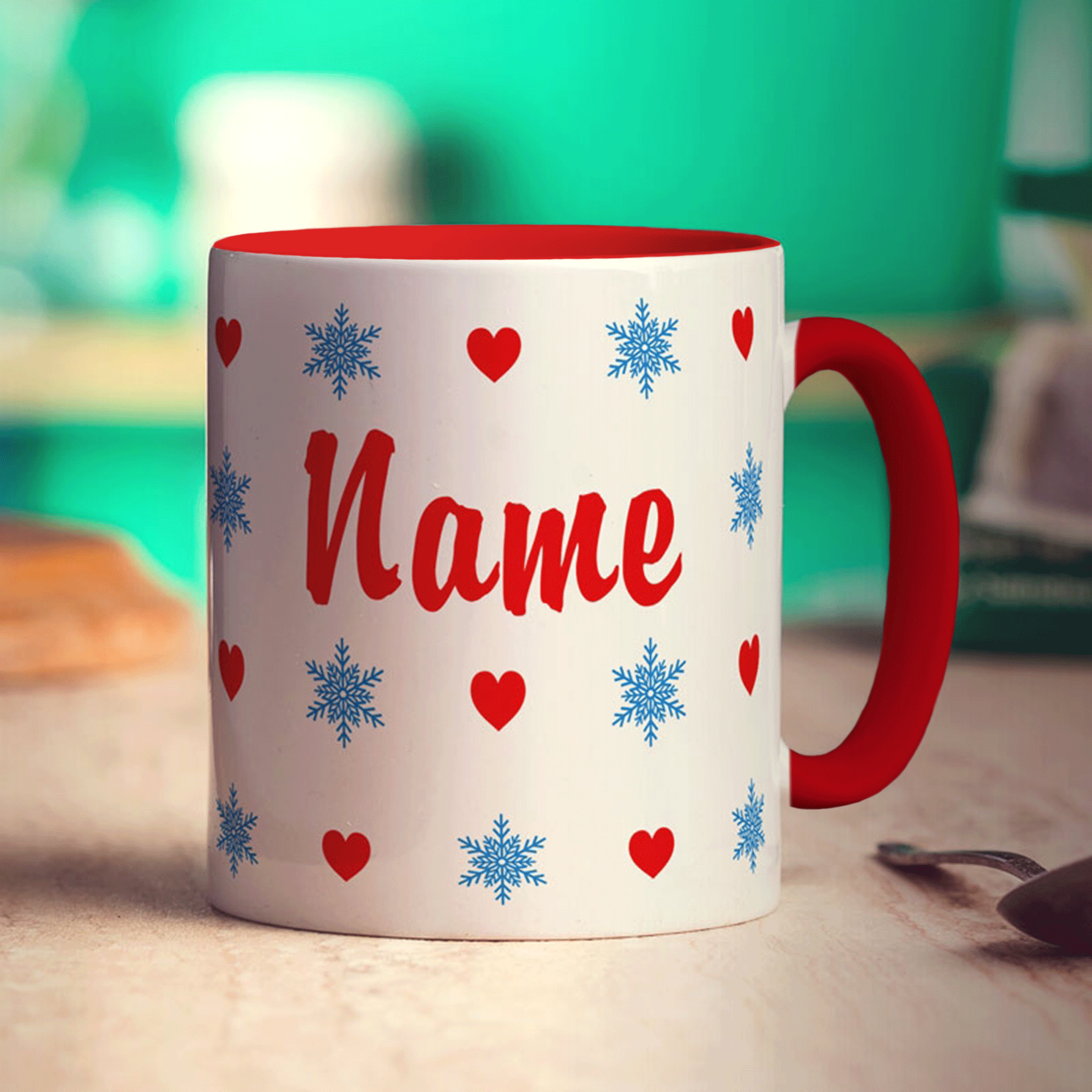 Hearts and Snowflakes Name Mug