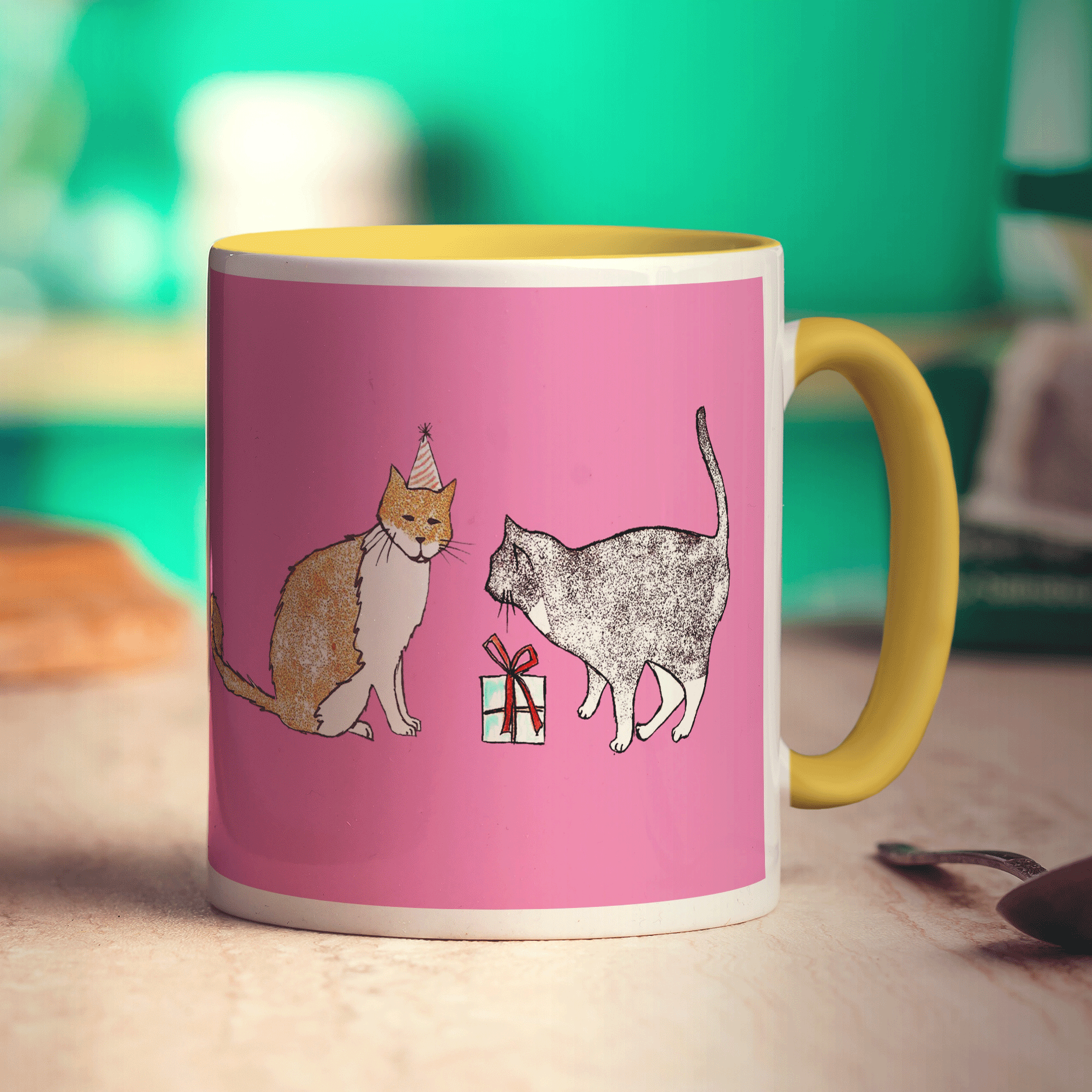 Cat Present Mug by Hannah Mansfield - Standard 330ml (11oz) / Yellow
