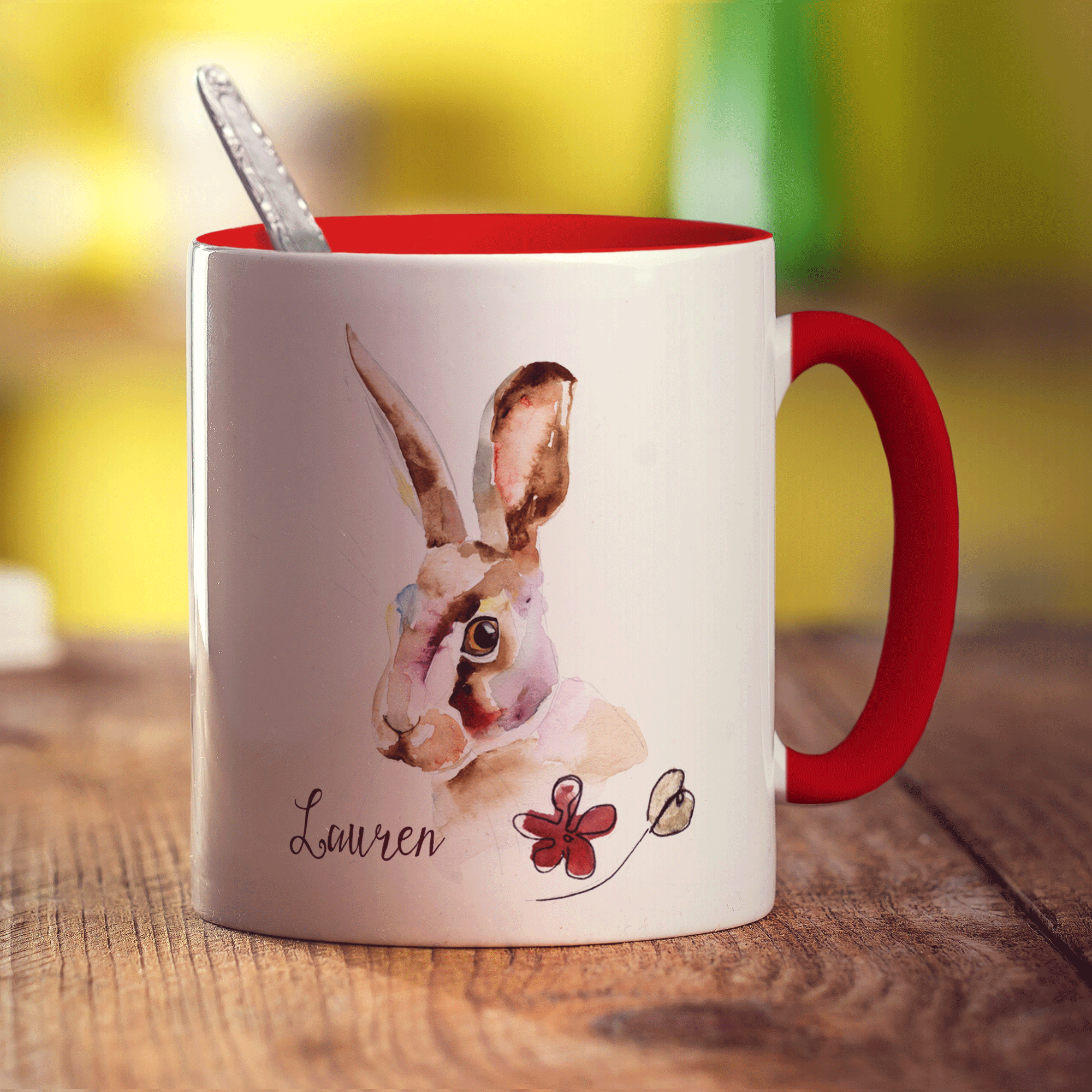 Watercolour Hare Mug by Harriet Perkins - Standard 330ml (11oz) / Red