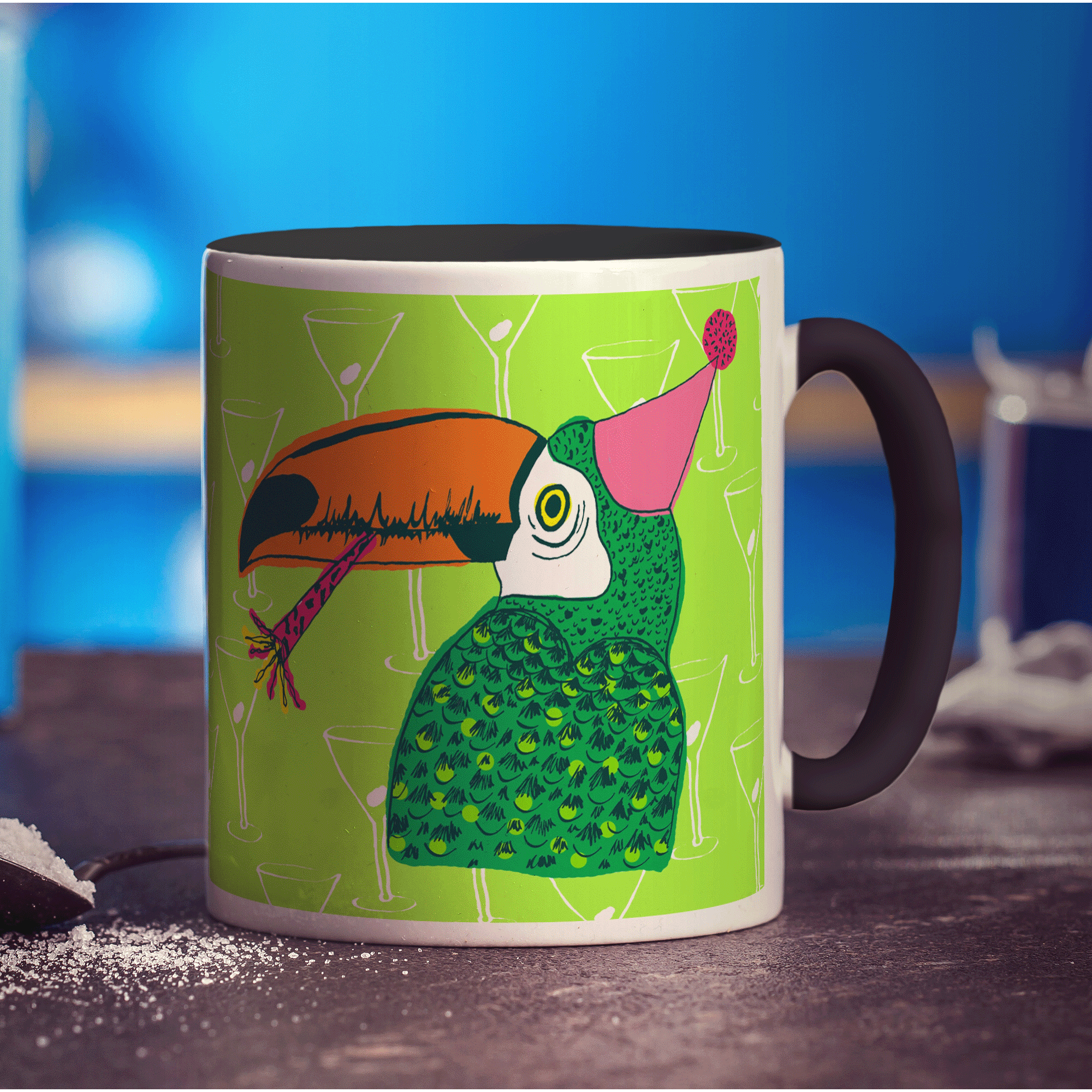 Party Toucan Mug by Rebecca Garforth - Standard 330ml (11oz) / Black