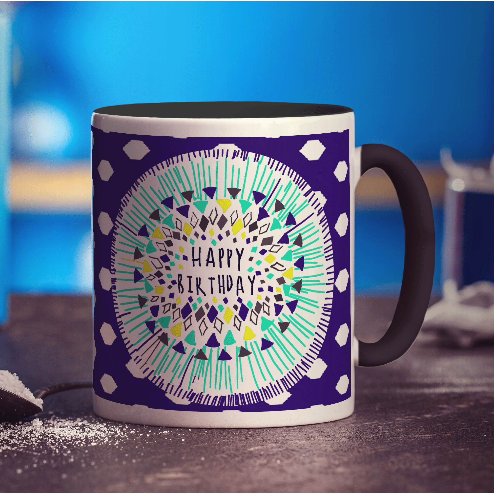Blue Pattern Birthday Mug by Jessica Peppin - Standard 330ml (11oz) / Black
