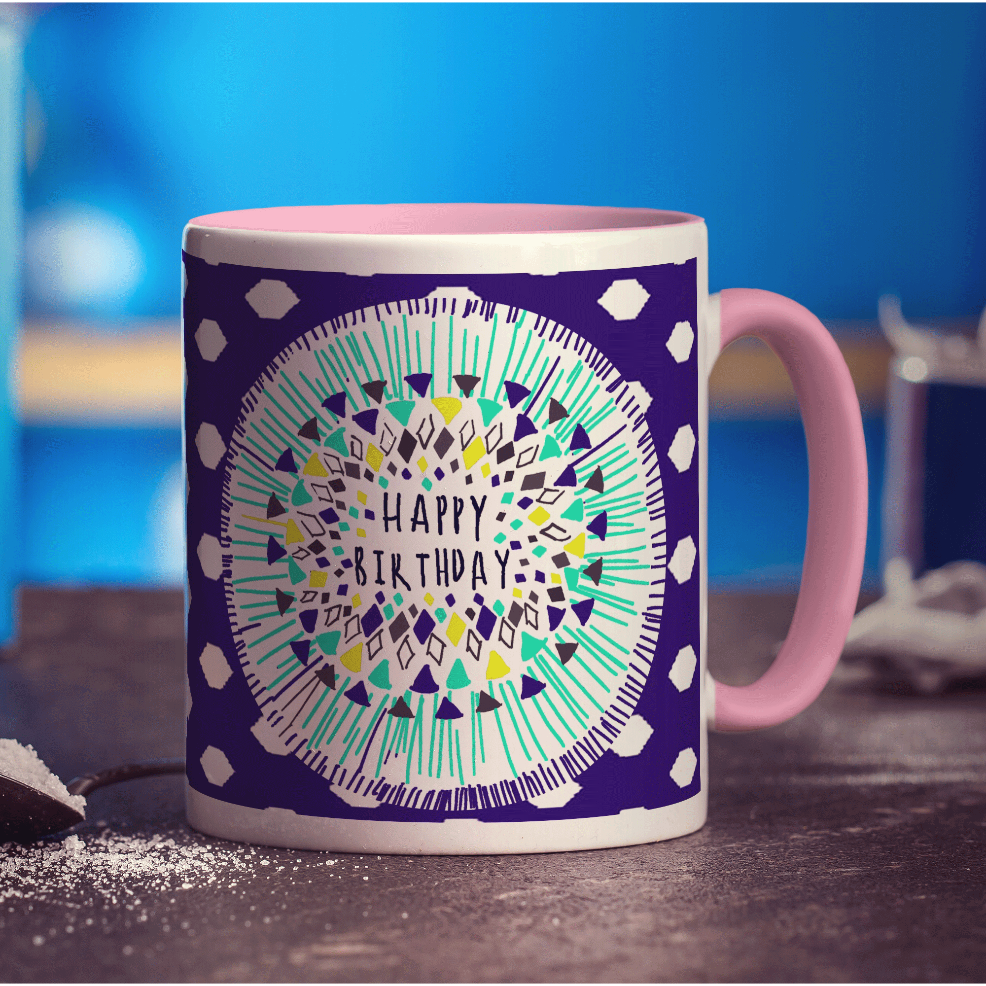 Blue Pattern Birthday Mug by Jessica Peppin - Standard 330ml (11oz) / Pink