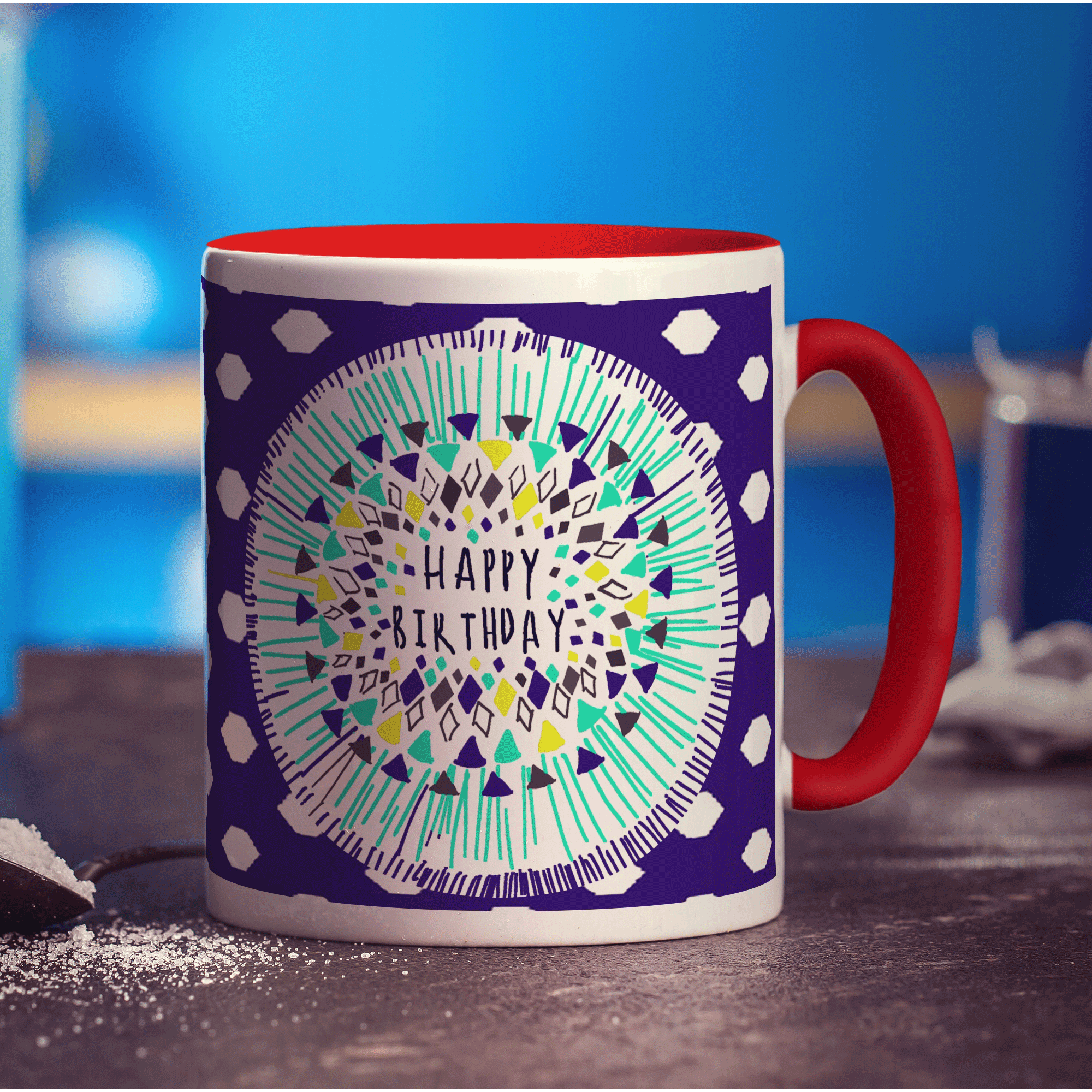 Blue Pattern Birthday Mug by Jessica Peppin - Standard 330ml (11oz) / Red