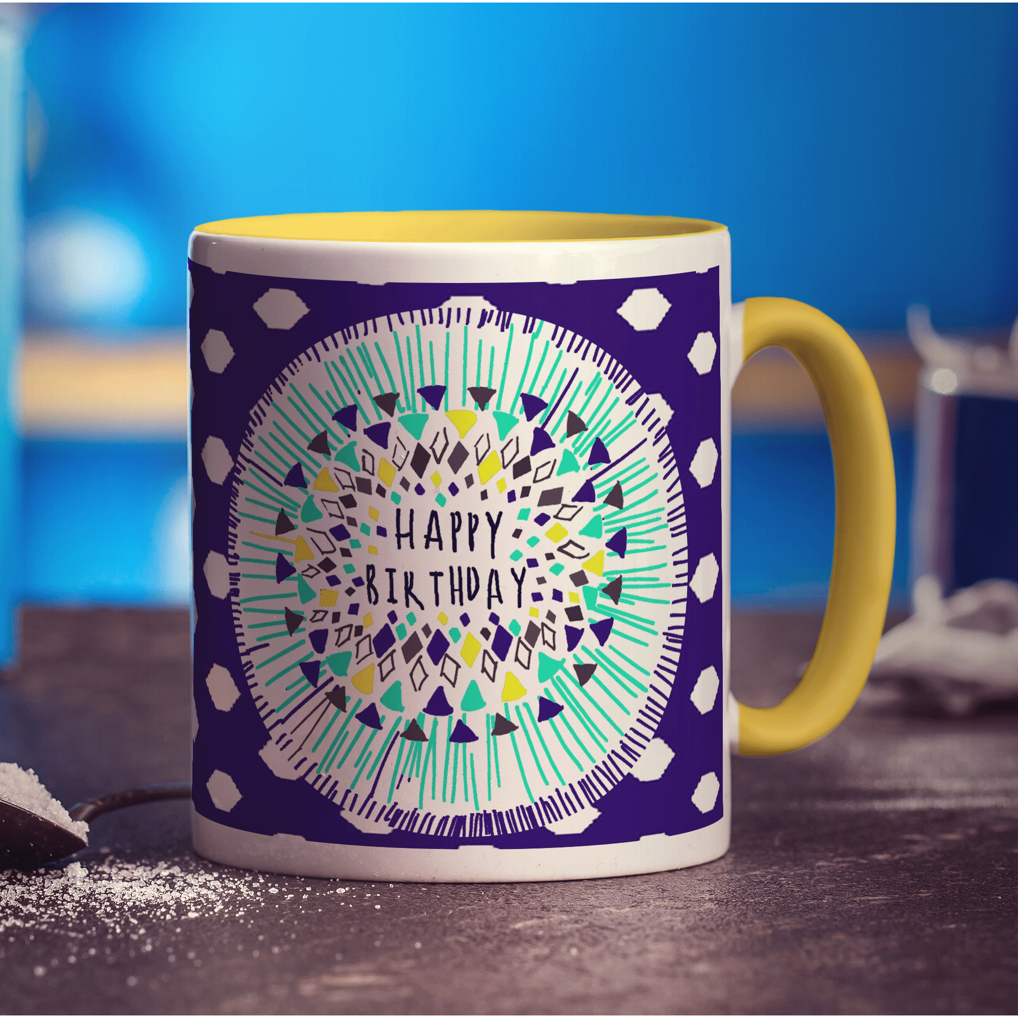 Blue Pattern Birthday Mug by Jessica Peppin - Standard 330ml (11oz) / Yellow
