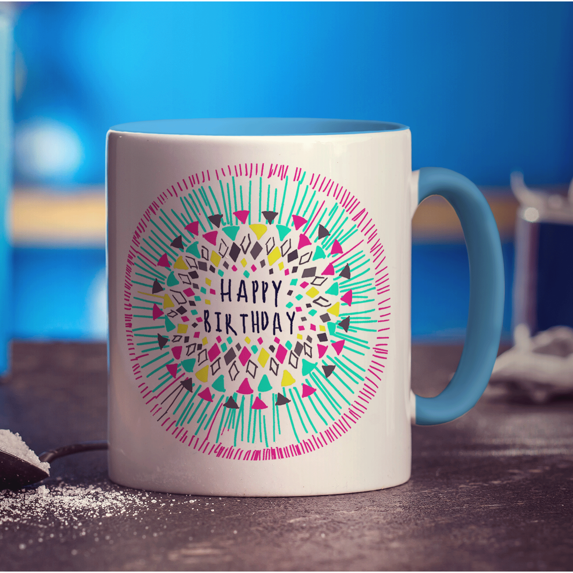 Pink Birthday Pattern Mug by Jessica Peppin - Standard 330ml (11oz) / Blue