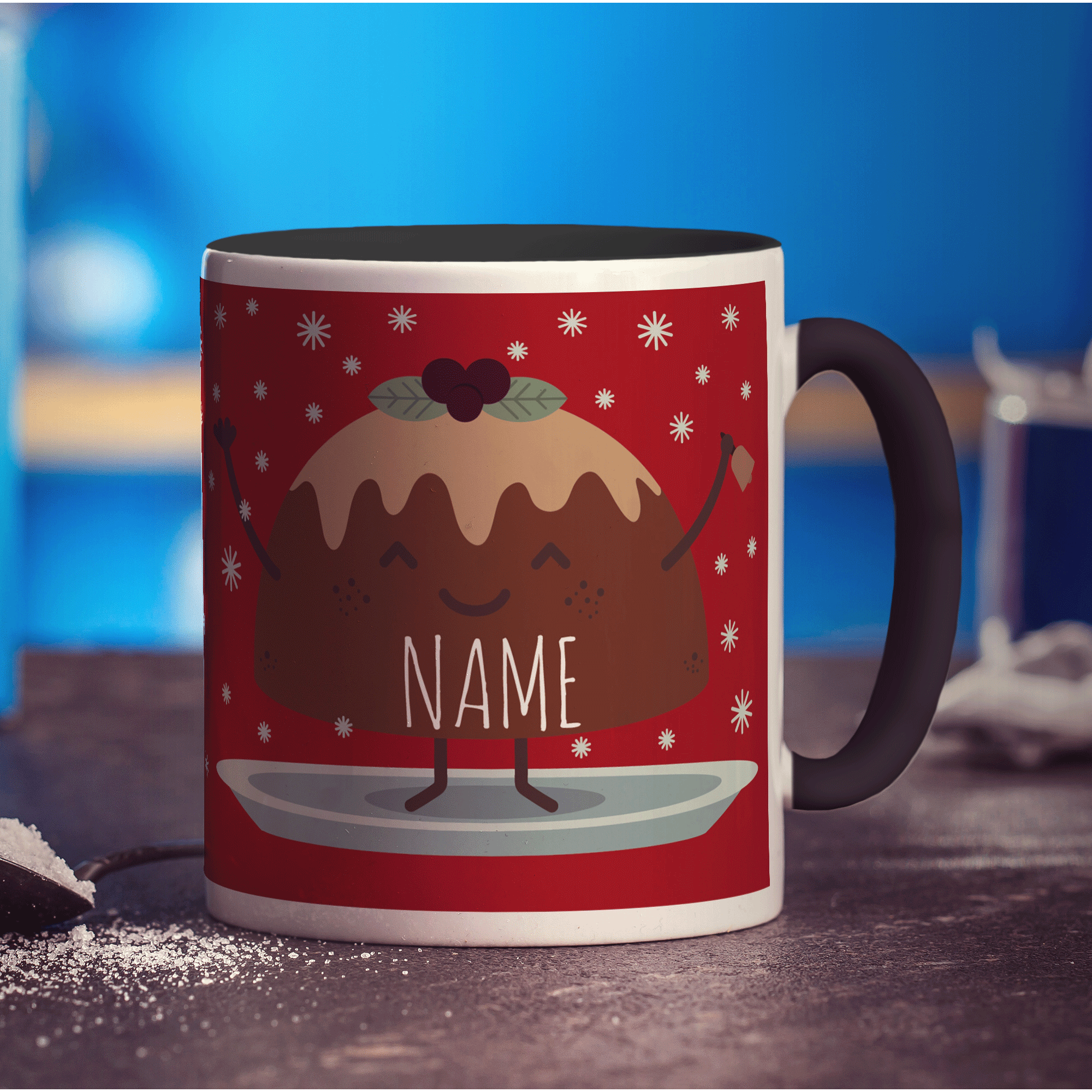 Red Christmas Pudding Name Mug