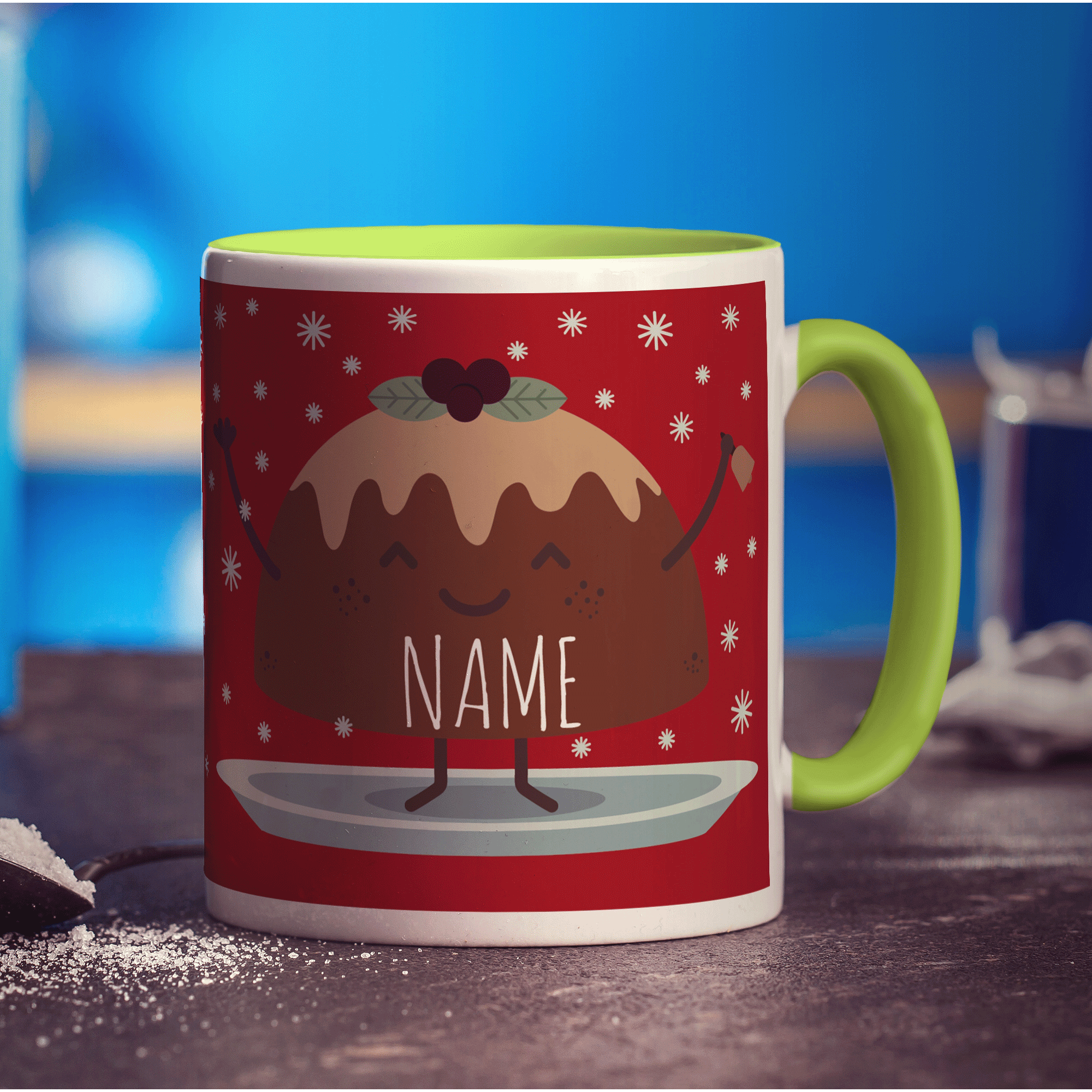 Red Christmas Pudding Name Mug
