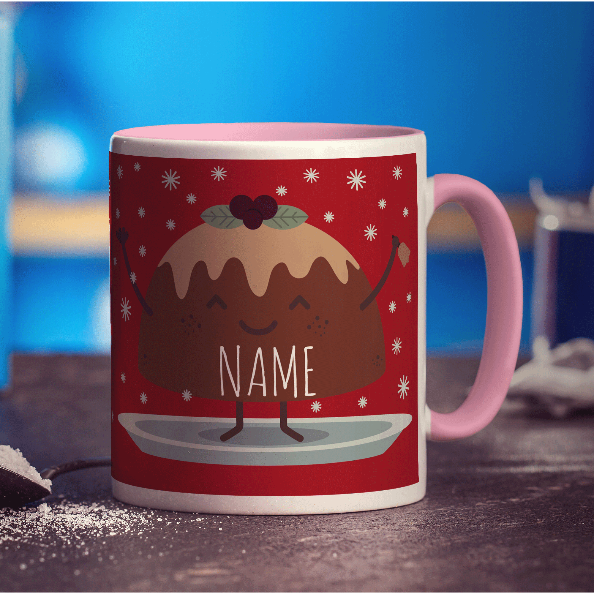 Red Christmas Pudding Name Mug