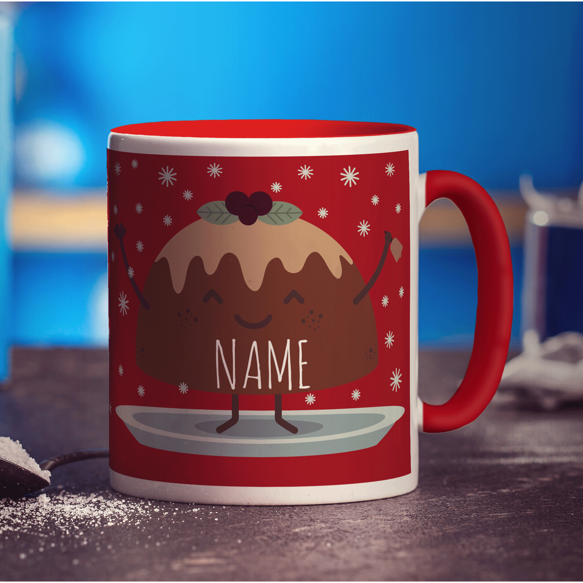 Red Christmas Pudding Name Mug