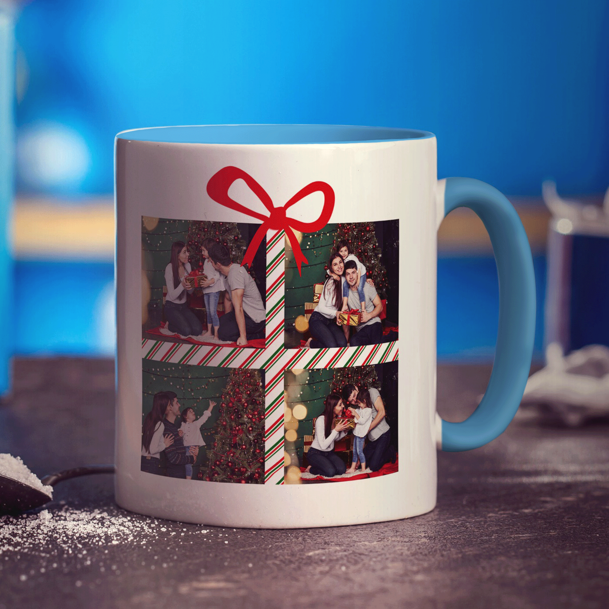 4 Photo Grid Christmas Present with Name Mug