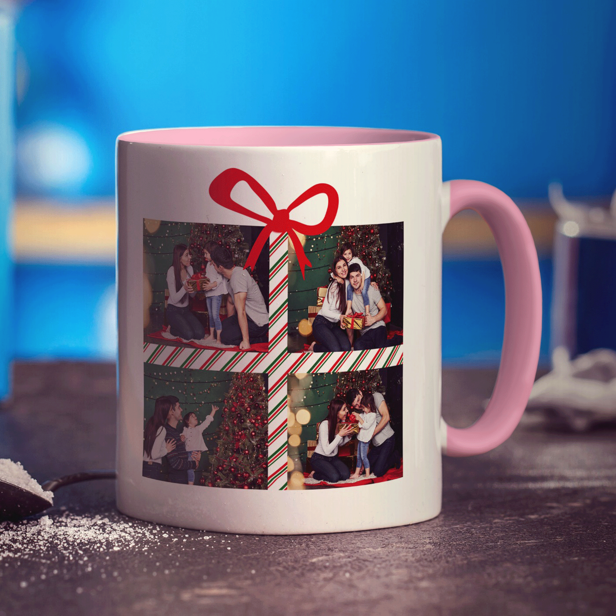 4 Photo Grid Christmas Present with Name Mug