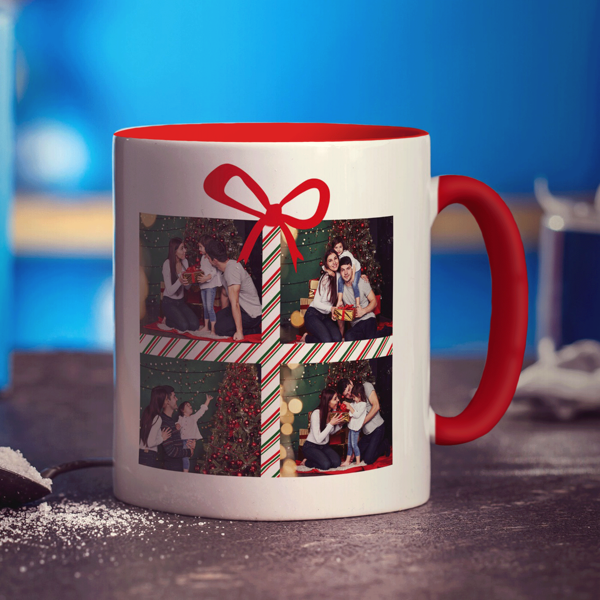 4 Photo Grid Christmas Present with Name Mug
