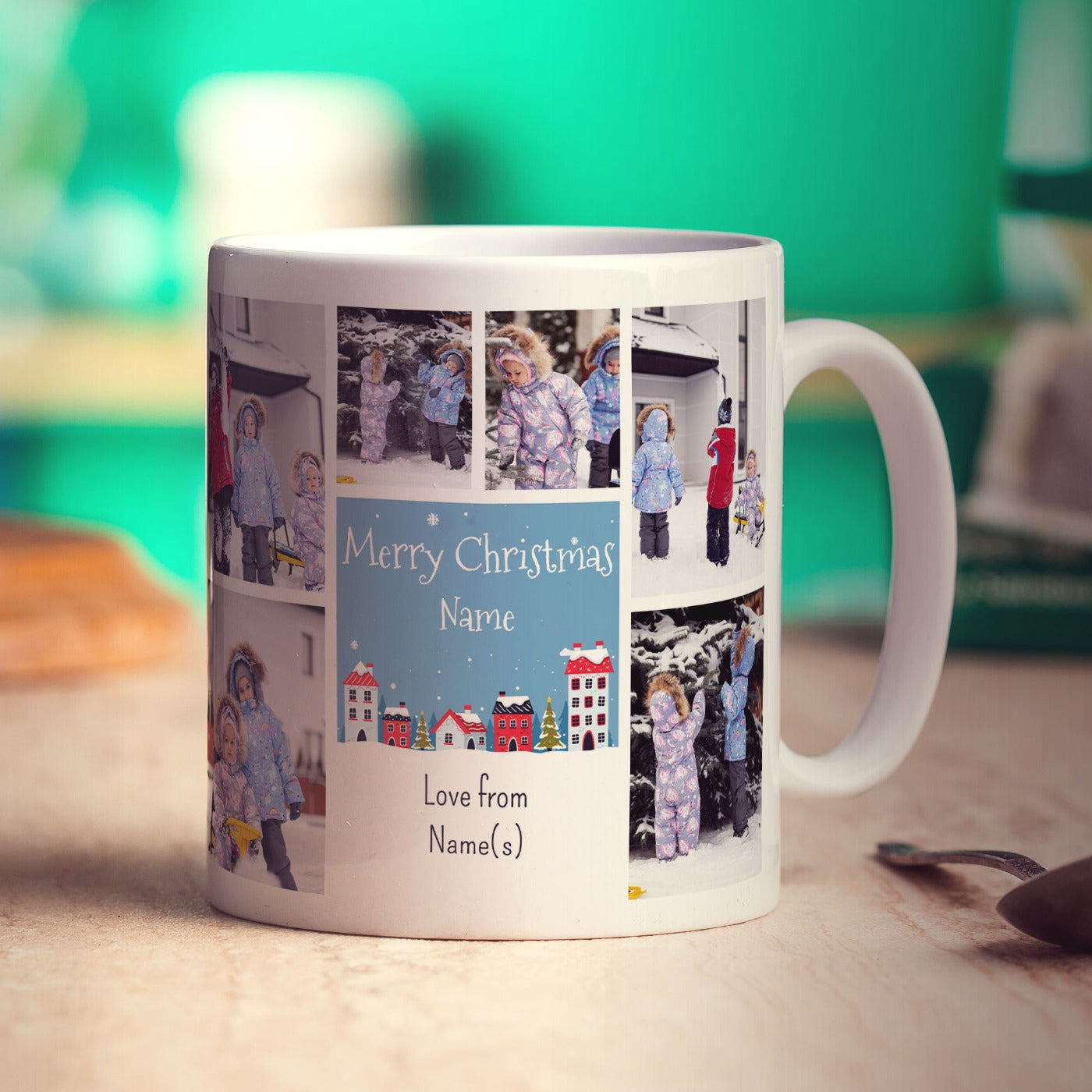 6 Photo Merry Christmas Name with Text Mug