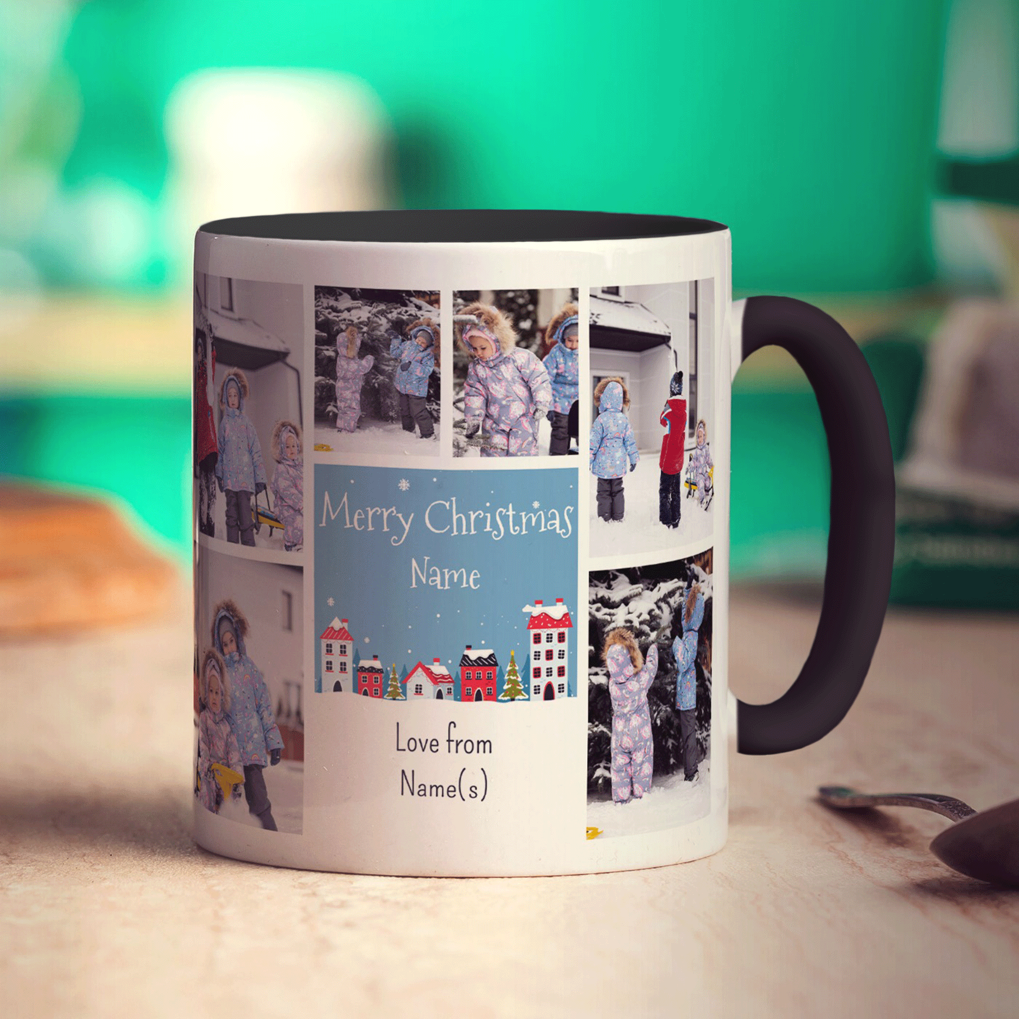 6 Photo Merry Christmas Name with Text Mug
