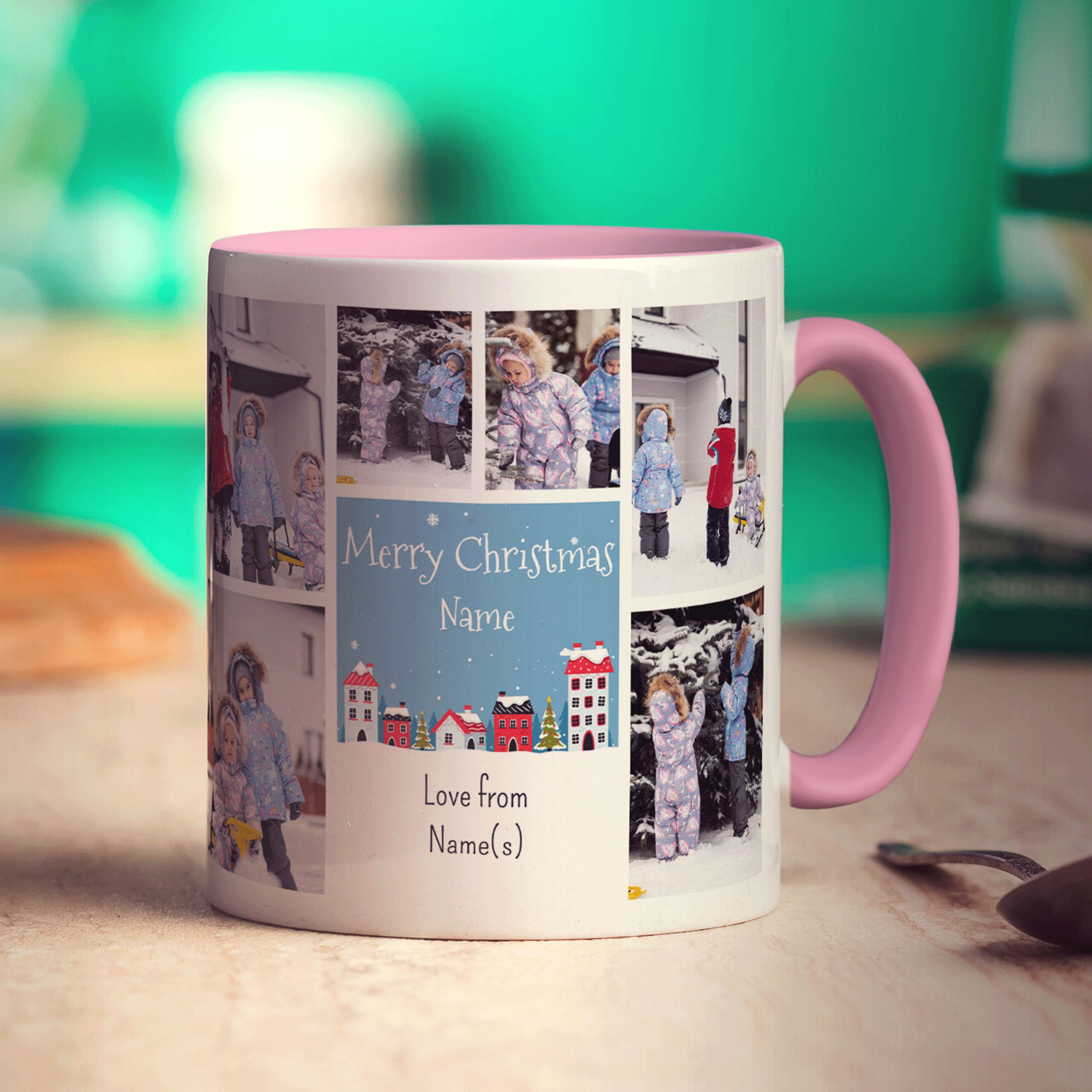 6 Photo Merry Christmas Name with Text Mug