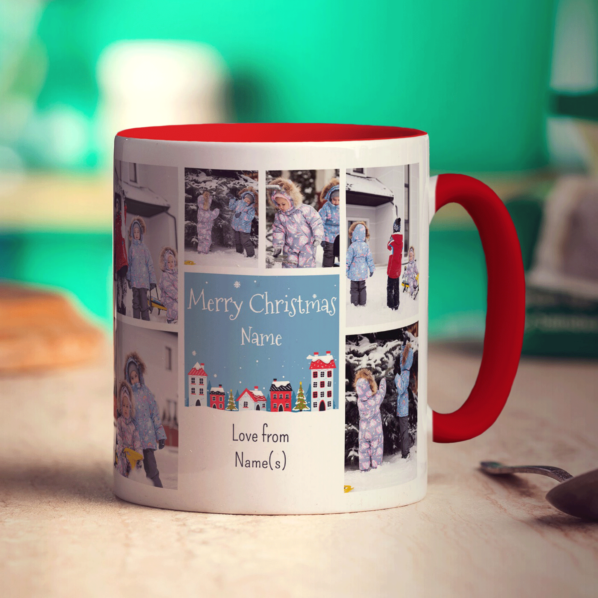 6 Photo Merry Christmas Name with Text Mug