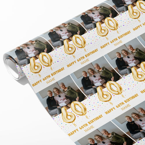 60th Milestone Birthday Balloon Photo and Name Wrapping Paper