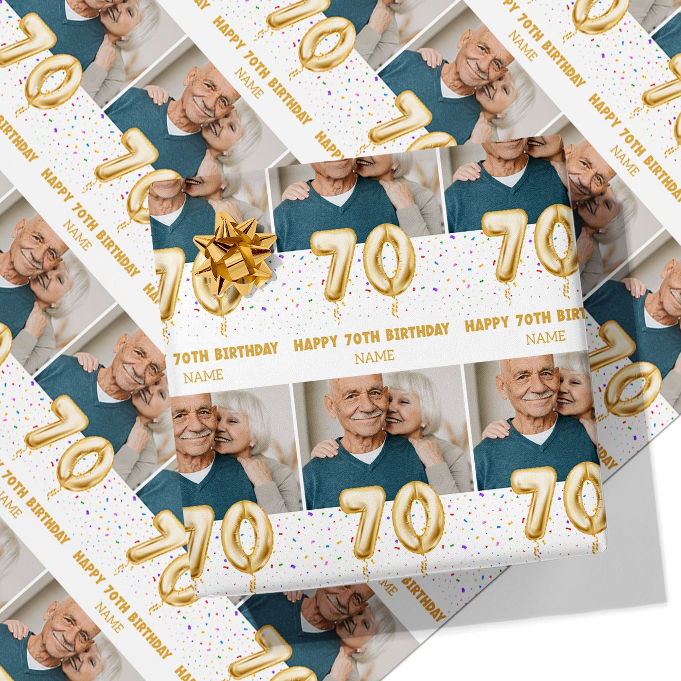70th Milestone Birthday Balloon Photo and Name Wrapping Paper