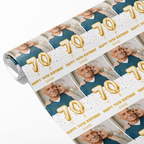 70th Milestone Birthday Balloon Photo and Name Wrapping Paper