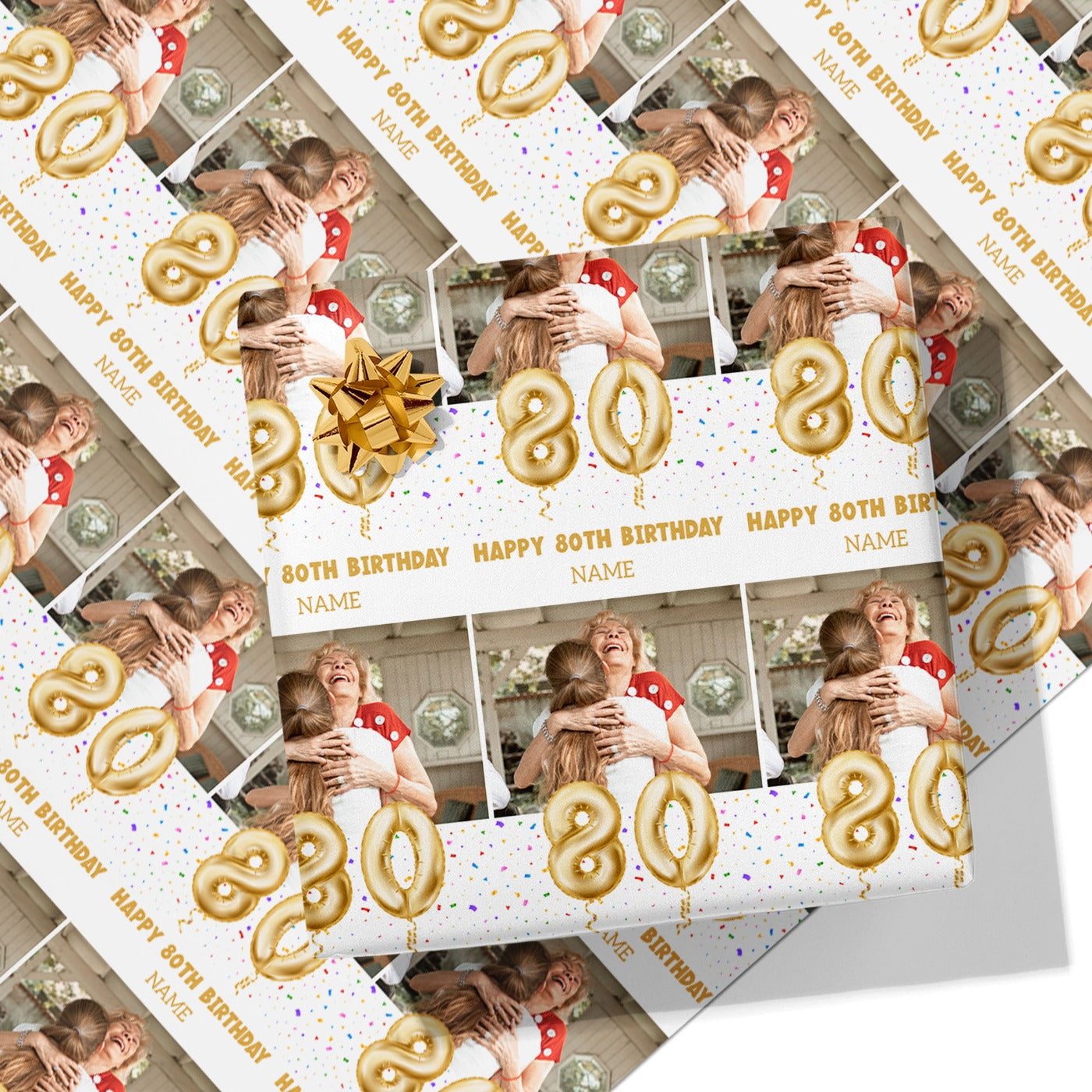 80th Milestone Birthday Balloon Photo and Name Wrapping Paper